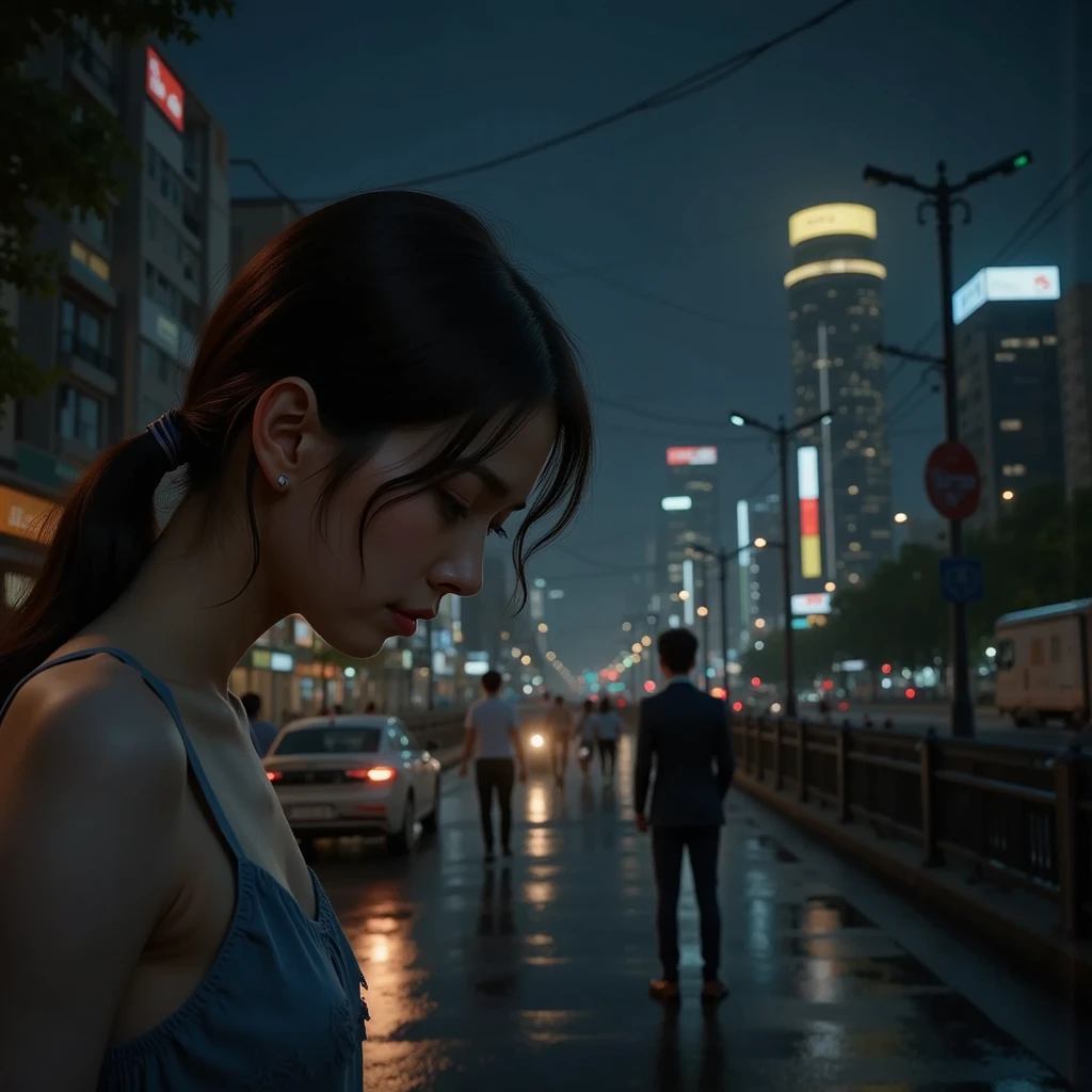 杰作，full HD, HDR, 8k photorealistic, 解剖学正确,质感皮肤
The night is quiet, the thoughts are thousands, and people are not forbidden to be sentimental. The past is like smoke, vividly remembered, little by little welling up in my heart. A sour rush came up in my heart, and my eyes gradually moistened. Tears fell silently, washing the dust of the heart.

她躺倒在床边，穿着睡袍，忧愁的表情，不知道怎么办，眼眶湿润的泪水随时落下
专业的灯光，用辛烷渲染出光影交织感，令画面更有立体感，有视觉冲击张力

背景，鲜花与花瓶，黄昏时刻，精致的房间


电影光效，8k八角渲染, , 柔和的灯光, 光线追踪, 首饰, of perfecteyes eyes, exp_real，
七分身镜头, 特写镜头, 