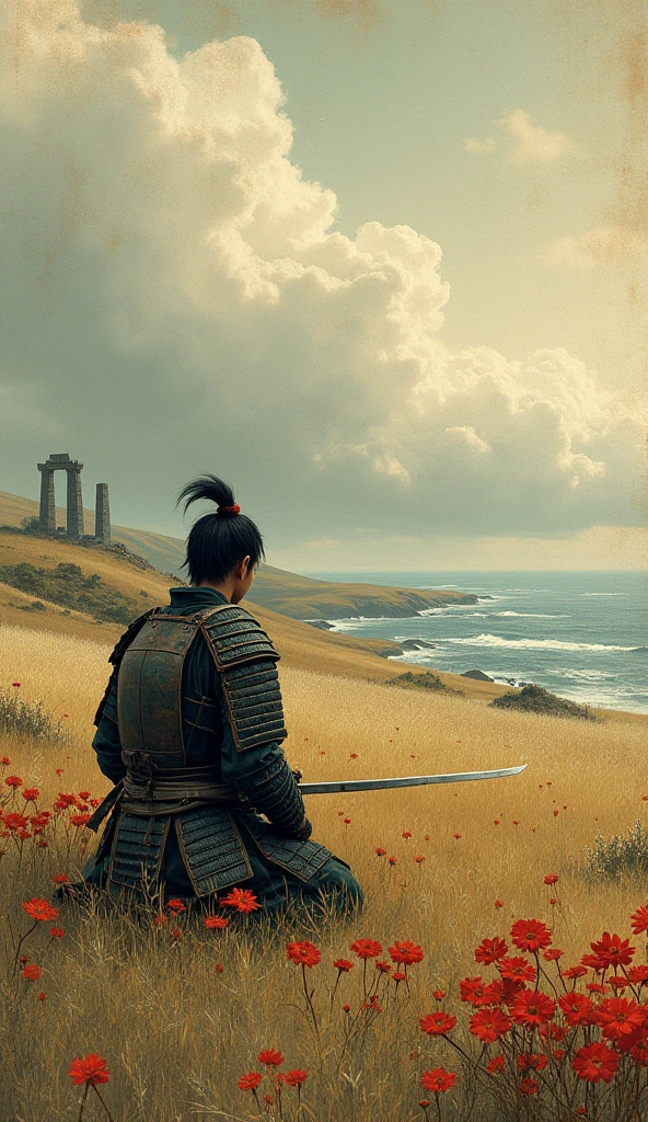 A lone samurai in ancient, weathered Japanese armor kneeling in a vast, windy grassland on top of a hill, gazing out at the ocean. The field is filled with overgrown red flowers and tall grass. In the distance are broken ruins of an old temple or battlefield. The scene is painted in the traditional style of old Japanese scroll art — with muted tones, visible brush strokes, and a weathered paper texture. The samurai’s posture expresses quiet sorrow, reflection, or a sense of spiritual exhaustion. Dramatic clouds fill the sky. Everything has the melancholic beauty of a lost era.--ar 2:3 --style japanese painting --v 5 --q 2