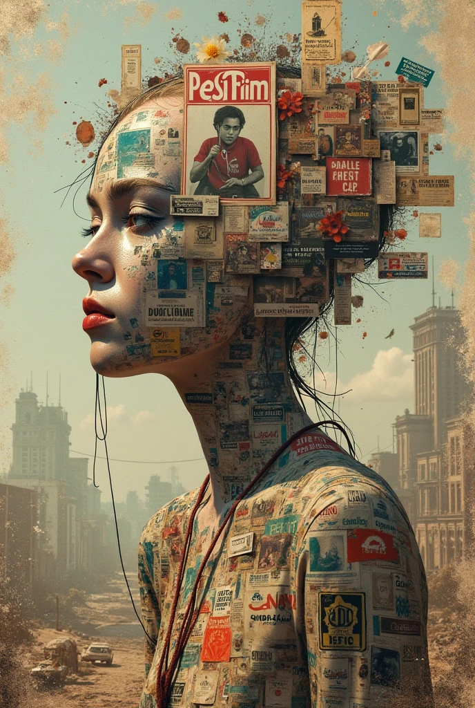 retro collage uprising, vintage ads, surreal scraps, school era, detailed surreal collage, photorealistic, mash of vintage elements, old school vibes, layered textures, grungy aesthetic, rustic materials, film grain, scratches, faded colors, washed out tones, sepia tones, moody lighting, dramatic shadows, cinematic composition, editorial style, surreal juxtaposition, mixed media, high resolution,4k,masterpiece,ultra-detailed,physically-based rendering,vivid colors