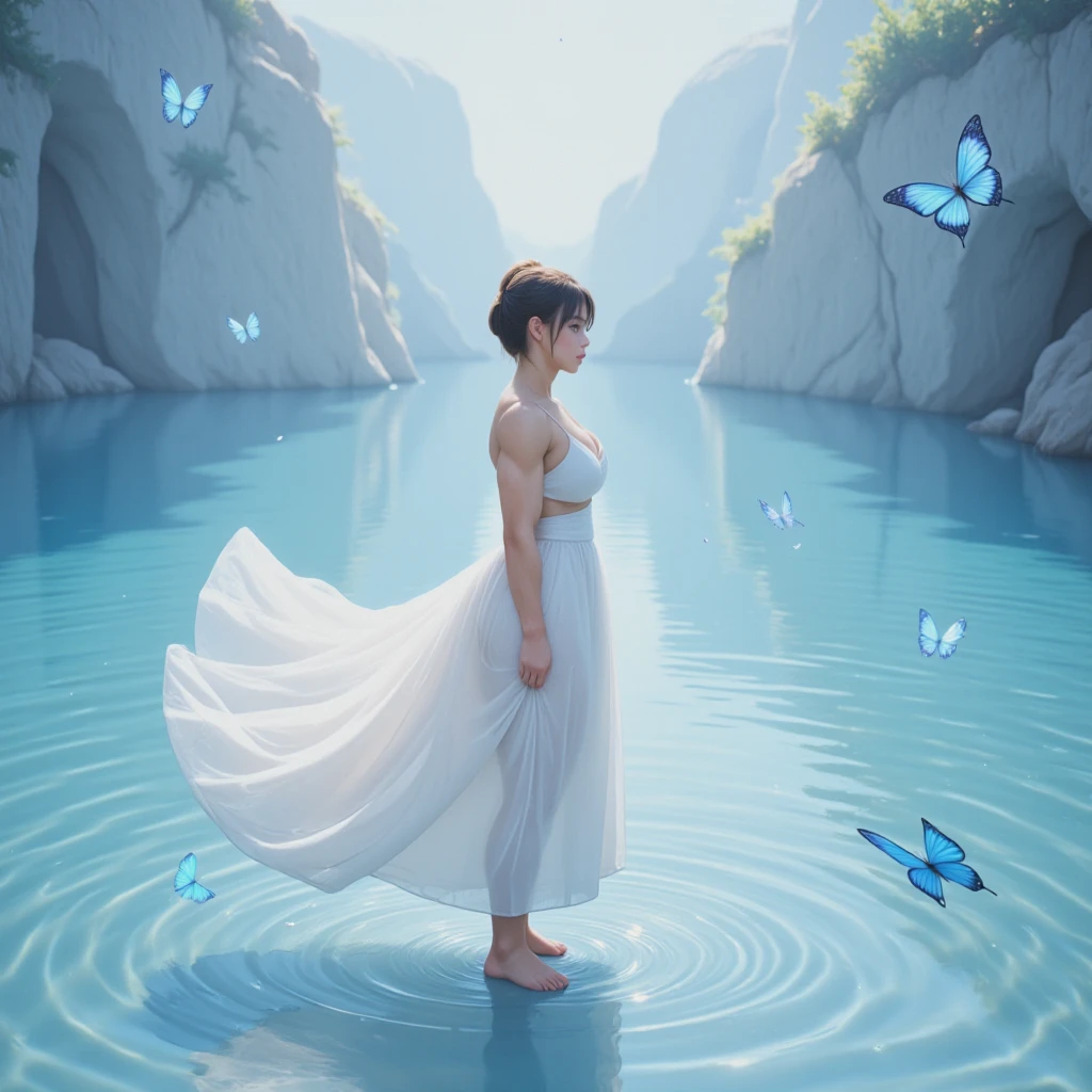 1 girl,  water, blue butterfly, pure white gauze skirt, sparkling