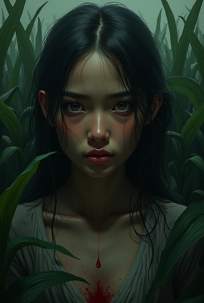 A portrait of a woman's soul in a tapioca plantation in terrible darkness with a message here written in a drop of blood.