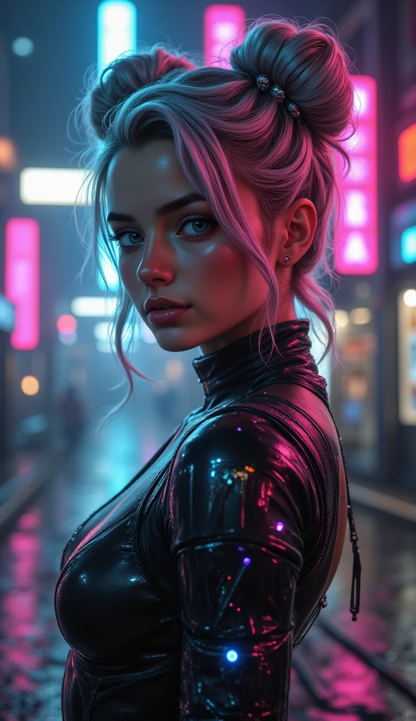 Generate a 100% random image of a female aged 14–45. Every element must be unique—never repeat combinations!  

1. RANDOM APPEARANCE:  
- Age: 14–18 (soft features), 19–30 (balanced), 31–45 (mature).  
- Hair:  
  - Style: Pixie cuts, wild curls, space buns, waist-length waves, shaved sides, cyberpunk spikes, or fantasy braids with floating gems.  
  - Color: Natural (black/blonde/red) OR fantasy (electric blue, cotton-candy pink, holographic silver). Add gradients/streaks.  

2. RANDOM OUTFITS (ANYTHING GOES):  
- Categories: Business suits, swimsuits, Victorian gowns, sci-fi armor, gym wear, pajamas,  (classy), cybernetic gear, or mixed styles (e.g., ballgown + combat boots).  
- Details: Metallic fabrics, sheer layers, clashing prints (polka dots + camo), asymmetrical cuts, or glow-in-the-dark elements.  

3. RANDOM LOCATIONS (REAL/SURREAL):  
- Real: Tokyo streets, desert highways, jazz clubs, libraries, waterfalls.  
- Fantasy: Candyland castles, dystopian cities, zero-gravity rooms, fairy tale forests with giant mushrooms.  
- Absurd Twists: Add UFOs, floating furniture, or gravity-defying objects.  

4. LIGHTING/EXTRAS:  
- Lighting: Neon signs, candlelight, bioluminescent glow, stormy skies.  
- Accessories: Gas masks, angel wings, robot arms, crystal crowns, vintage cameras.  
- Mood: Playful, mysterious, angry, serene—never repetitive!  

RULES:  
1. NO REPEATS! If you generate 100 images, each must surprise me.  
2. Chaos = Good. Weird angles, impossible physics, or unexpected item combos (e.g., a CEO in a boardroom holding a lightsaber).  
3. Avoid AI clichés (generic poses, overused anime faces)."  