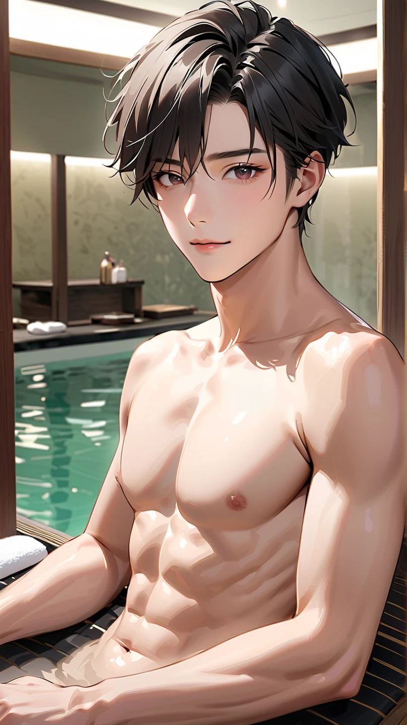 Beautiful young man,brown hair, half up and half down hair, red eyes, Wet hair, Wipe your hair with a towel, Top Naked, pecs, abs, After taking a bath, steam, sink,High quality, amount of drawing, pixiv illustration,cheeks are red,(A shy smile),((arm up while spread legs (Concept):1.2)),LOVE,Good finger,Perfect finger.