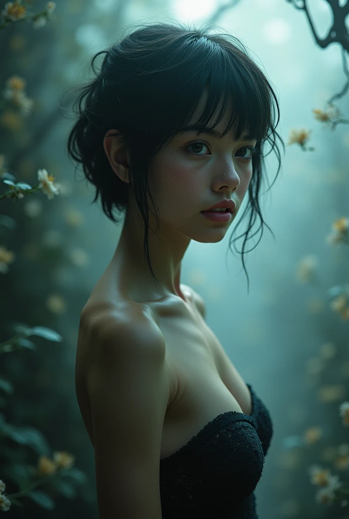 editorial photography,super detailed background,Super realistic,double exposure,depth of field,beauty super slender skinny vides,soft_focus tone,narrative scene,open glossy_lips,wavy very short bob-cut hair,Zentangle_garter_stockings,abs,bare_fangs,brutal_gaze,Background of midsummer merging with midwinter,knee_shot portrait,blunt_bangs,Japanese,jade_eyes,dark fantasy horror SCI-FI,
