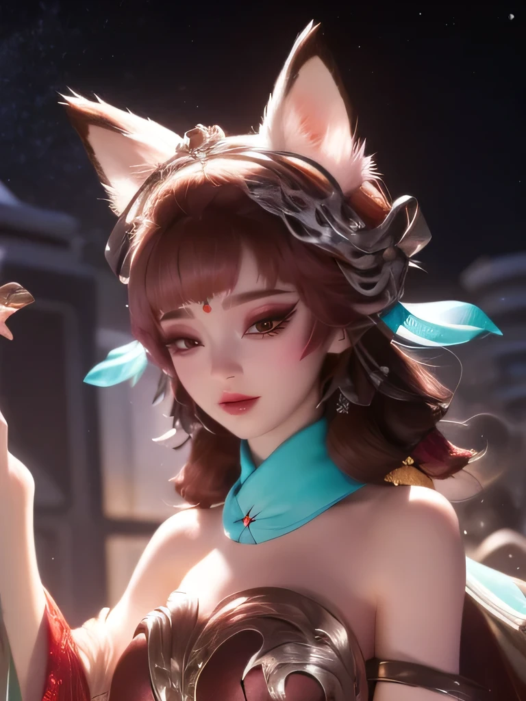 photorealestic，Real Human，1 delicate skin，A woman with red hair and a red dress lies on a white surface, Popular topics on cgstation, guweiz, a beautiful fox lady, Guviz style artwork, gas station trends, Complex and gorgeous anime CGI style, attractive cat girl, Beautiful fox girl, A masterpiece by Guwitz, 3 d anime realistic