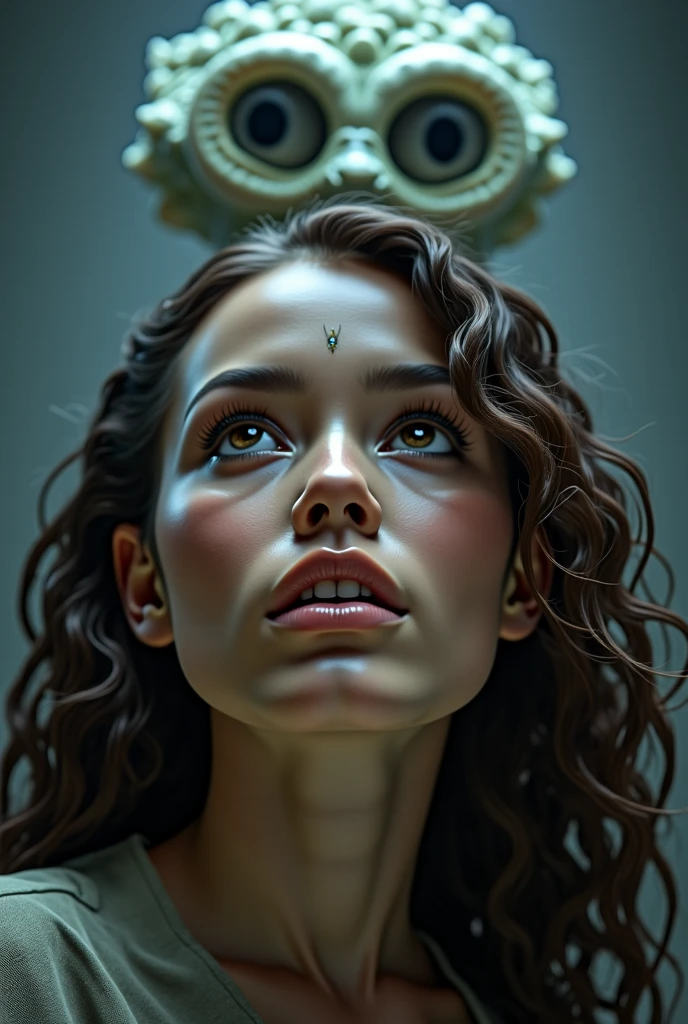  Photo of a woman's face,  20 anos, she is surprised, brown eyes, long hair with ripples, is looking up. Behind a reptilian alien