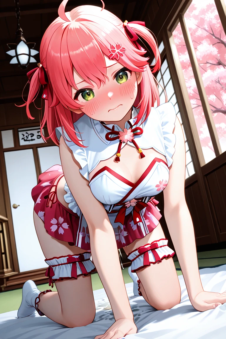 ((masterpiece)), ((best quality)), (ultra-detailed), on the bed, a cute girl, 1girl, solo, kimono, japanese cloth, ((beautiful eyes)), light smile, ((open chest)), ((cute nipples)), small breast