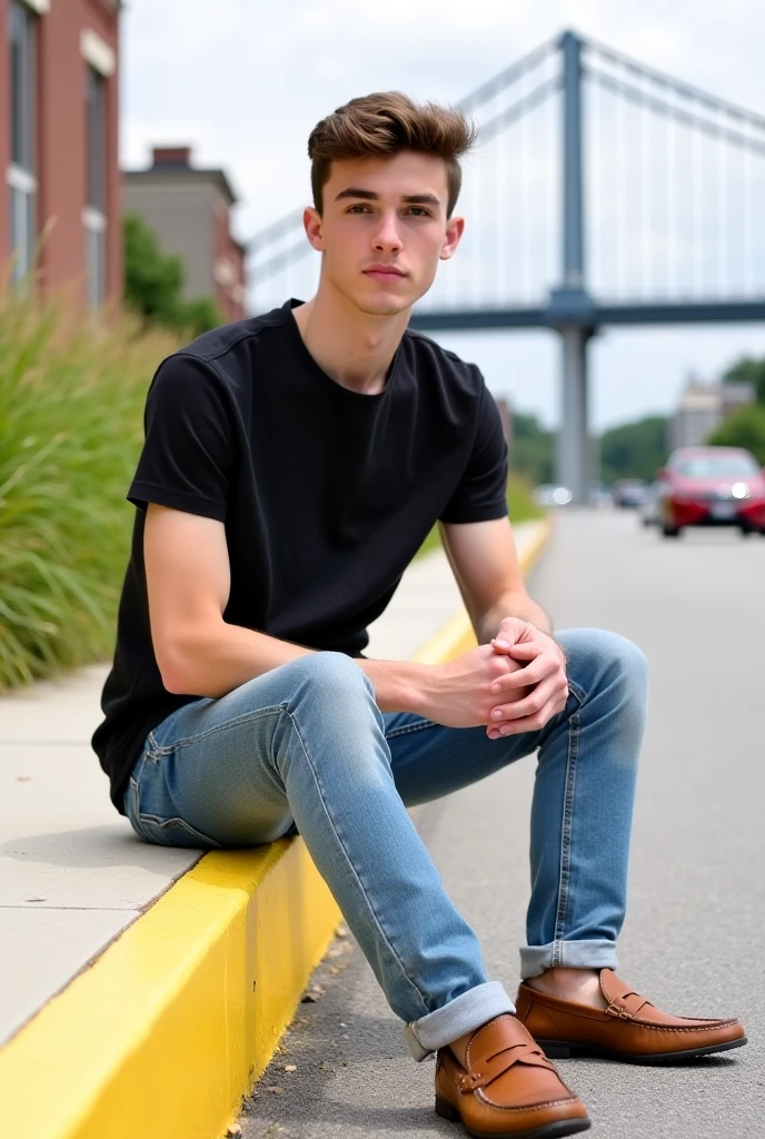 a 20-year-old handsome man sits on a bench in a park in the evening