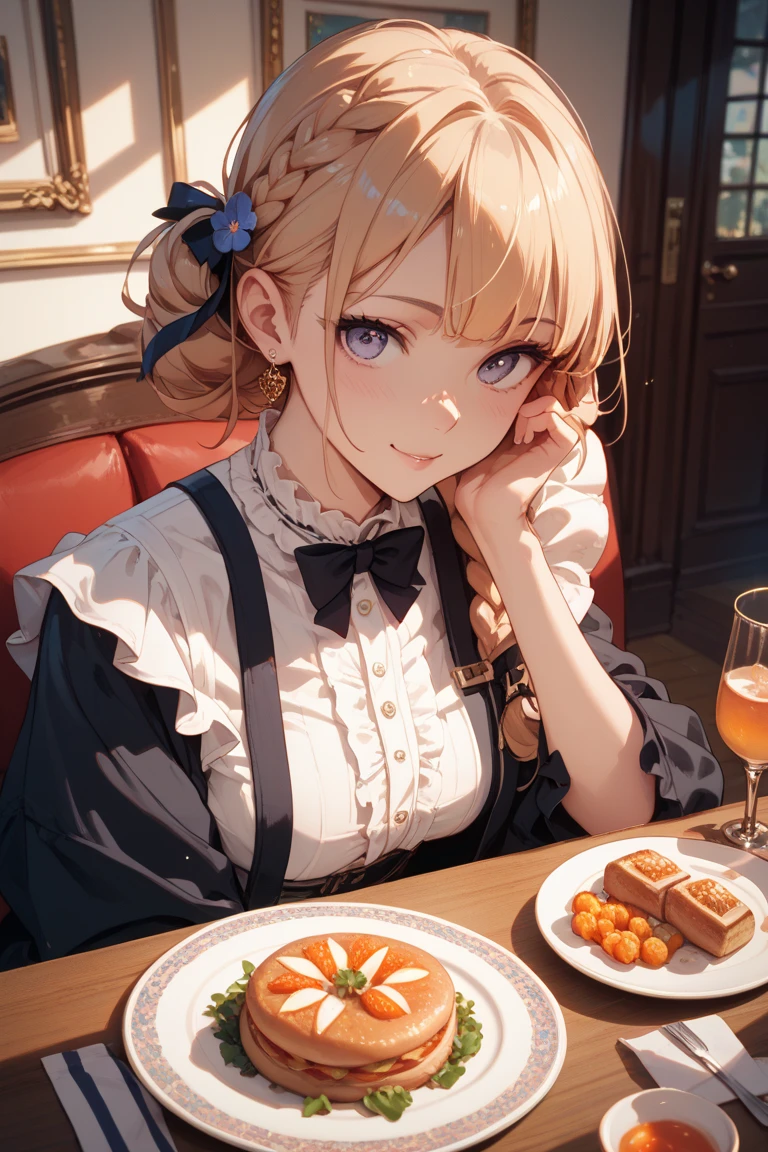 an adult woman, blonde with two pigtails with a purple bow each, purple dress with glitter, short and gala, with an opening in its pirrna, she has blue eyes, is at a late night dinner in a wealthy place