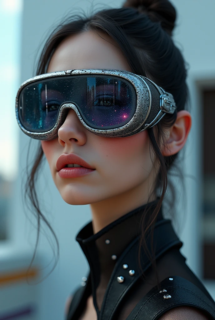 The model is wearing glass sunglasses with stars and the moon on the glass