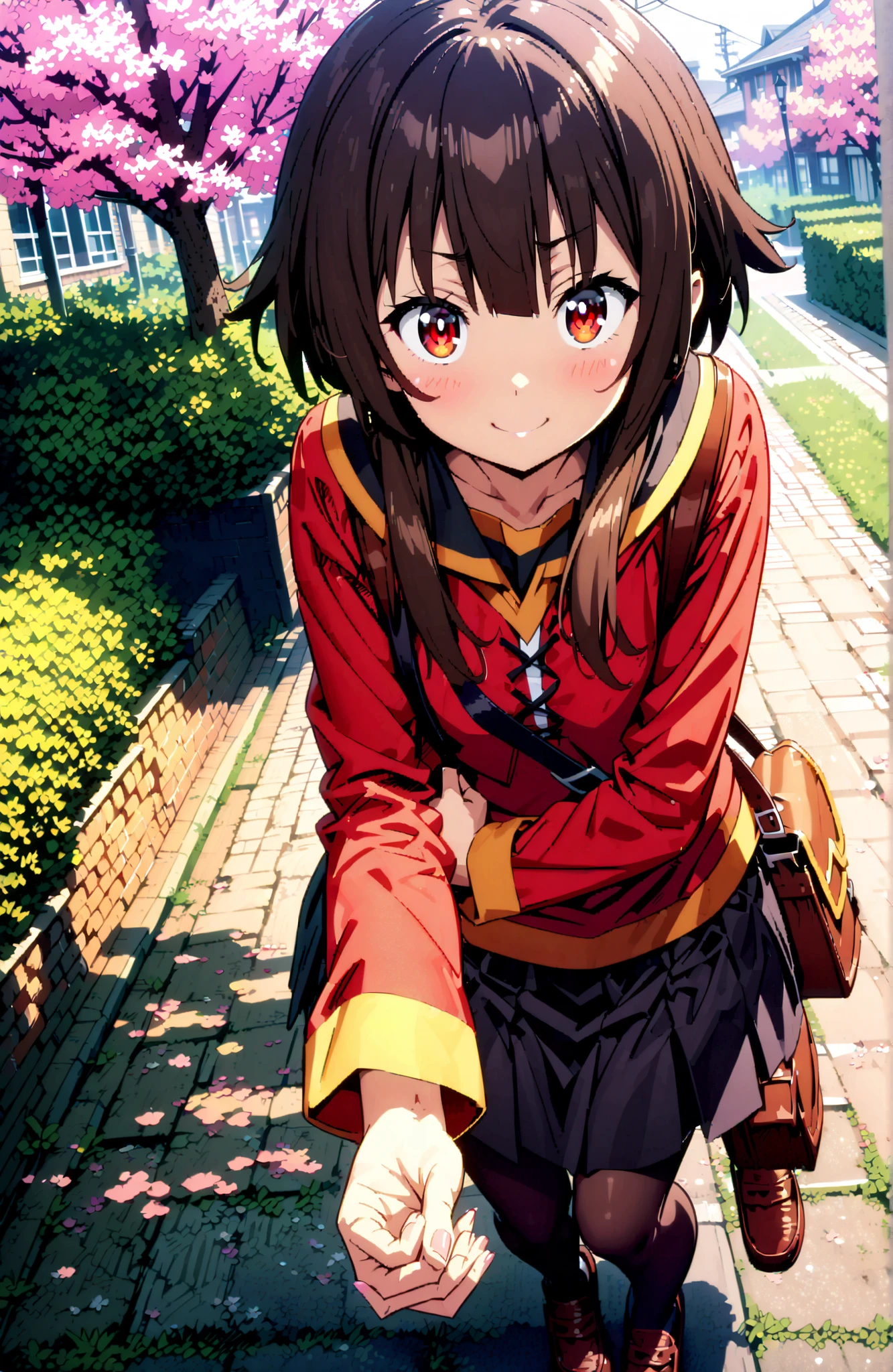 konosubaMegumin, Megumin, short hair, black hair, Red Eyes, short hair with long locks,
smile,blush,close your mouth,black sailor suit, red cardigan ,long sleeve, black mini pleated skirt ,Black Pantyhose,loafers,Student bag 1 :1,cherry blossoms,is walking,morning,full bodyがイラストに入るように,break looking at viewer,full body,
break outdoors, residential area,
break (masterpiece:1.2), best quality in bronze, high resolution, Unity 8Kの壁紙, ( illustration :0.8), (beautiful detailed eyes:1.6), highly detailed face, perfect lighting, highly detailed CG, (perfect hand, perfect ),