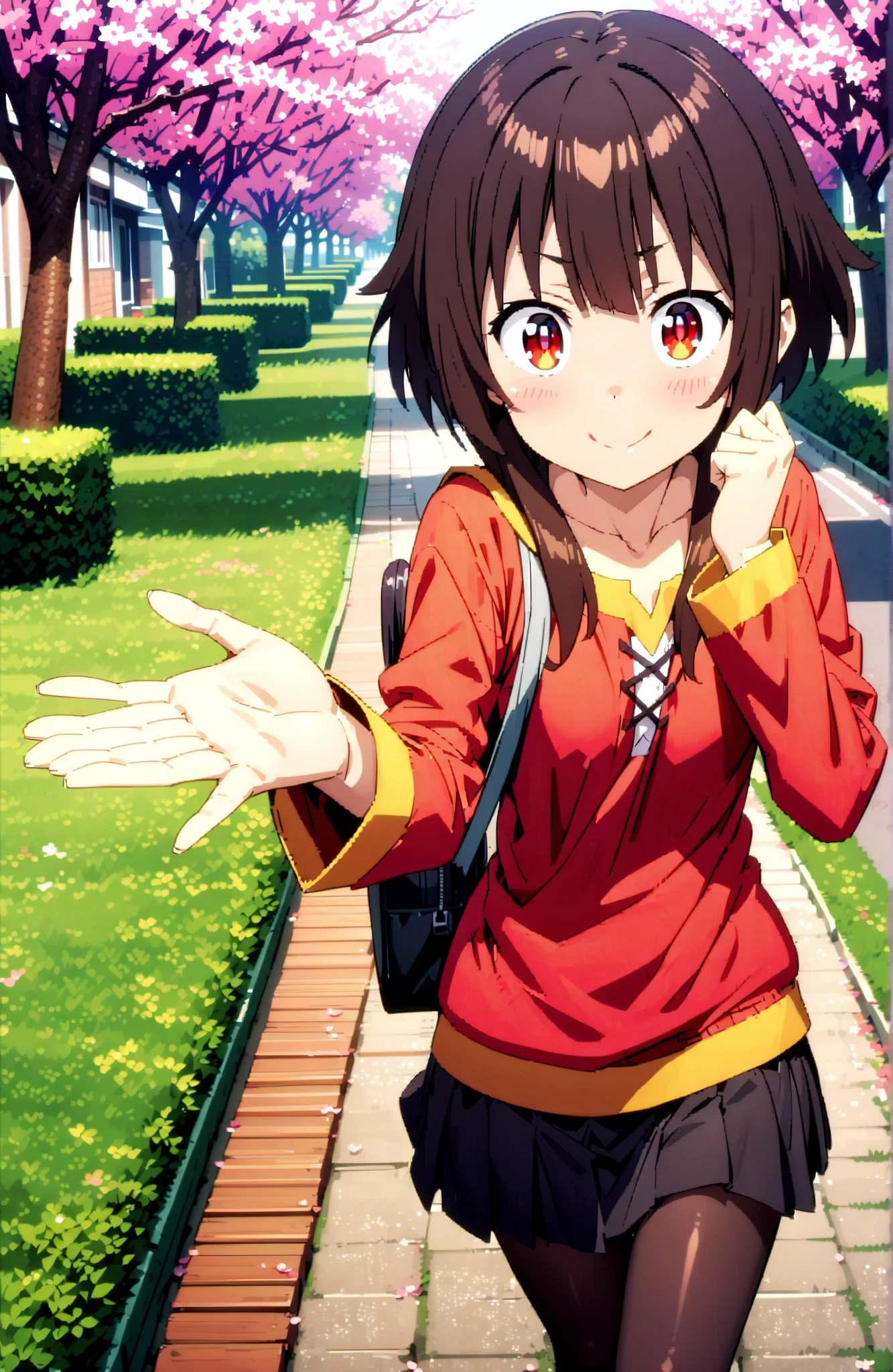 konosubaMegumin, Megumin, short hair, black hair, Red Eyes, short hair with long locks,
smile,blush,close your mouth,black sailor suit, red cardigan ,long sleeve, black mini pleated skirt ,Black Pantyhose,loafers,Student bag 1 :1,cherry blossoms,is walking,morning,full bodyがイラストに入るように,break looking at viewer,full body,
break outdoors, residential area,
break (masterpiece:1.2), best quality in bronze, high resolution, Unity 8Kの壁紙, ( illustration :0.8), (beautiful detailed eyes:1.6), highly detailed face, perfect lighting, highly detailed CG, (perfect hand, perfect anatomy),