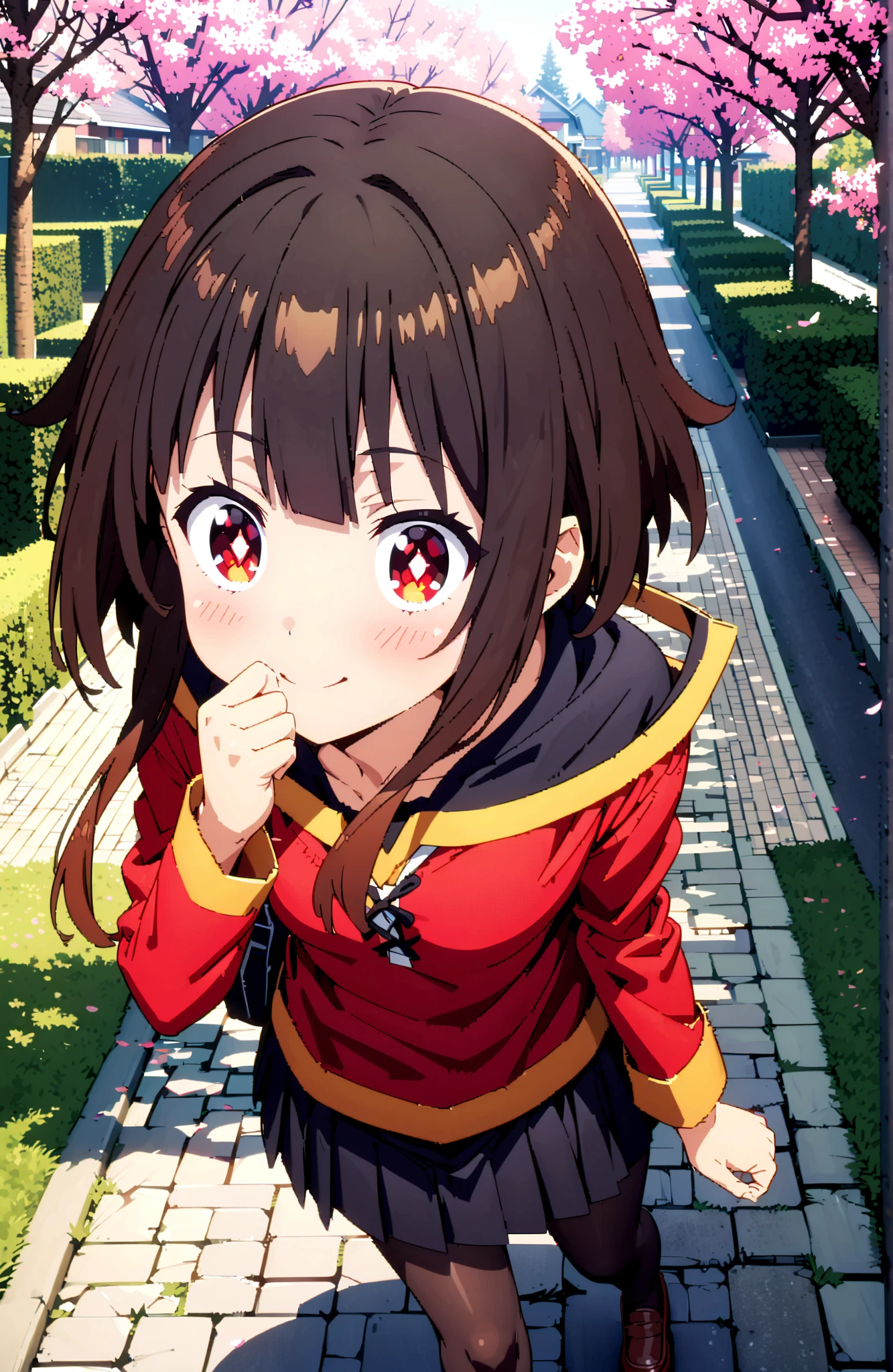 konosubaMegumin, Megumin, short hair, black hair, Red Eyes, short hair with long locks,
smile,blush,close your mouth,black sailor suit,long sleeve, black mini pleated skirt ,Black Pantyhose,loafers,Student bag 1 :1,cherry blossoms,is walking,morning,full bodyがイラストに入るように,break looking at viewer,full body,
break outdoors, residential area,
break (masterpiece:1.2), best quality in bronze, high resolution, Unity 8Kの壁紙, ( illustration :0.8), (beautiful detailed eyes:1.6), highly detailed face, perfect lighting, highly detailed CG, (perfect hand, perfect anatomy),