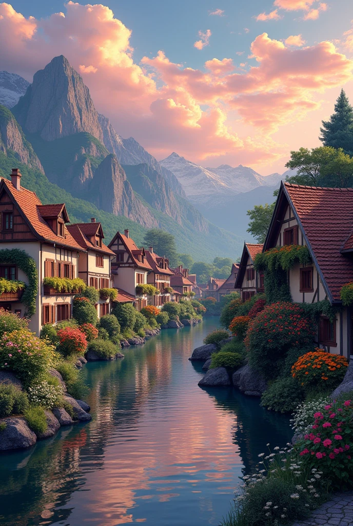 A small town by the river, mountains in the background, colorful floral flowers, detailed landscape, beautiful natural landscapes, atmospheric lighting, scorching sunset, warm colors, practical, photographic, detailed foliage, complex buildings, cobblestone street, charming country house, vibrant colors, lush vegetation, reflections in the water,  picturesque, idyllic, artwork, best quality, 8K, extremely detailed, anime style