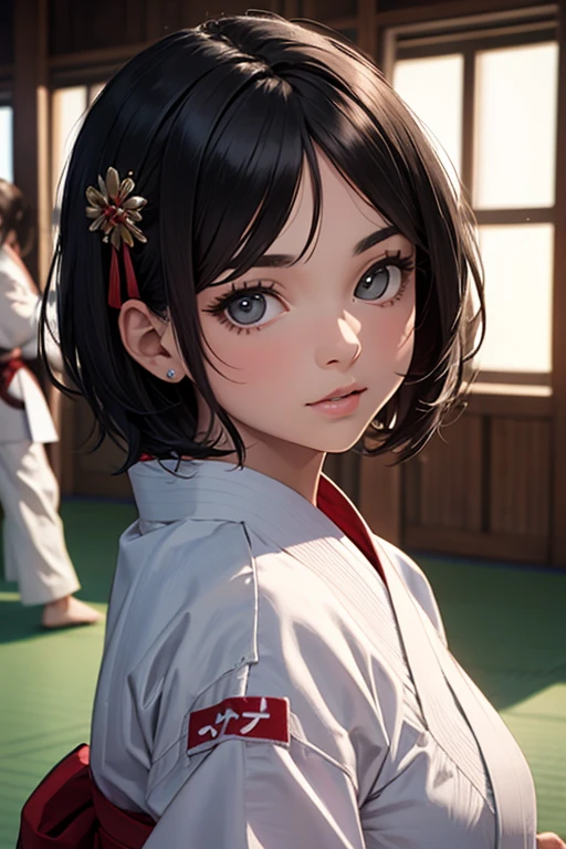 Uma garota, 14 anos, short black hair accessories, Pretty girl wearing karate kimono. Best Quality, pretty face, HD, 8k