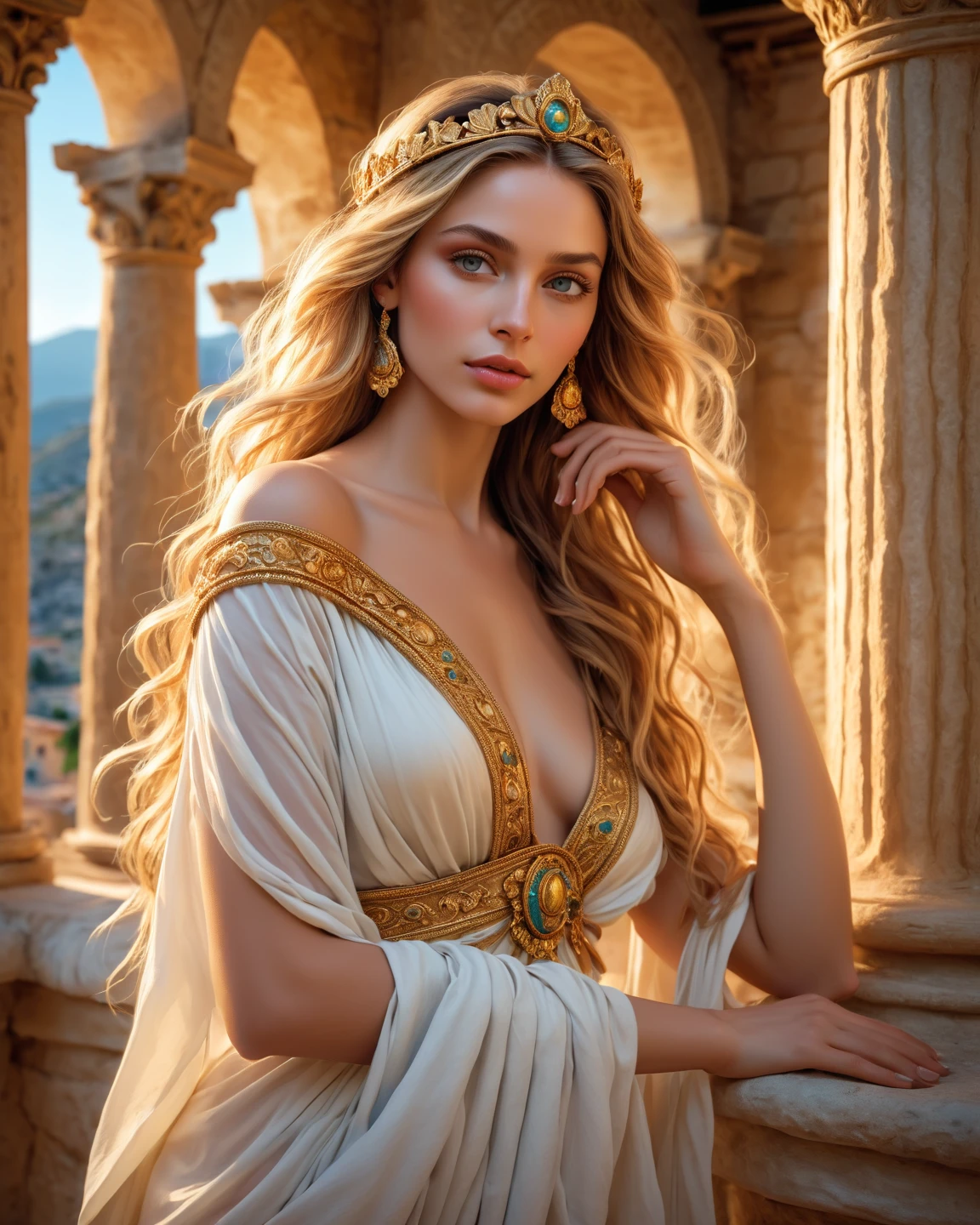 (best quality,4k,8k,highres,masterpiece:1.2), ultra-detailed, (realistic,photorealistic,photo-realistic:1.37), portraits, HDR, Greek mythology, beautiful goddess Venus portrait, perfect DNA, detailed eyes, detailed lips, stunning beauty, flowing golden hair, nude, perfect body, perfect nude, graceful pose, enchanting gaze, vibrant colors, soft lighting.(NSFW:1.4) ancient Greek deity, gazes directly into the camera's lens, flowing hair cascades over her shoulders, off-the-shoulder attire accentuating her grace, vivid colors, ancient temples and marble columns softly blurred in background, late afternoon Mediterranean light casting a warm glow on her porcelain skin, high-resolution image, digital painting, spiritual serenity, golden ratio composition.