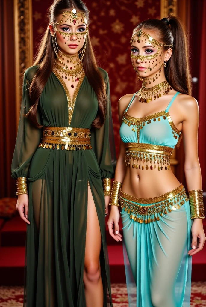 The young Egyptian lady has a striking presence that reflects the rich heritage of her land. She has an average height, with about 1,65 meters, and a graceful posture that denotes elegance and confidence. Your skin is a deep tan, typical of the region, radiating health and vitality.

His eyes are large and almond, with dark brown irises that seem to reflect the golden desert sands under the setting sun. They are expressive eyes, capable of conveying a wide range of emotions, from serenity to passionate intensity. Arched, well-shaped eyebrows frame your look, giving him an expression that is always attentive and observant.

Hair is long, smooth and intense black, remembering obsidian. They cascade halfway down your back, often adorned with fine gold threads and small jewels that sparkle in the light, creating a stunning contrast with the darkness of your strands. On special occasions, she wears elaborate hairstyles, with intricate braids and precious metal accessories.

Your face is oval in shape, with high, well-defined cheekbones, straight and slightly aquiline nose, characteristic of ancient Egyptian sculptures and reliefs. Lips are full and well outlined, often highlighted with red or gold tones, further highlighting its exotic beauty.

The young woman dresses in fine linen clothes, typical of Egyptian nobility, dyed in vibrant colors like blue, green and white. The garments are adorned with delicate embroidery and complemented by gold jewelry., lapis lazuli and turquoise. wristbands, necklaces and earrings enhance your figure, symbolizing your status and wealth.

Her bearing is that of a true lady, with graceful movements and a fluid gait that seems to glide across the floor. The young Egyptian lady carries with her the history and majesty of an ancient civilization, every detail of her appearance reflecting the sophistication and splendor of ancient Egypt.










