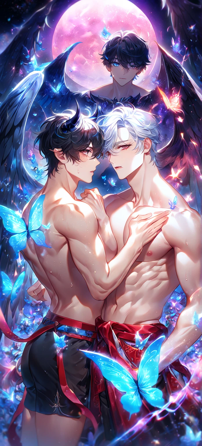 Ultra detailed, Highres, absurdres, HDR, Todoroki Shouto, bicolored hair, white right side hair, red left side hair, expressive blue eyes, Bakugo Katsuki, ash blond hair, expressive red eyes, blue flowers, Boku No Hero Academia, petals, handsome, two sexy man together, gay couple, yaoi, love, very detailed eyes and face, glittering blue butterflies, master piece, toned chest, glittering, fantasy, cross, blue background, blue flames, magical, fire and ice,
