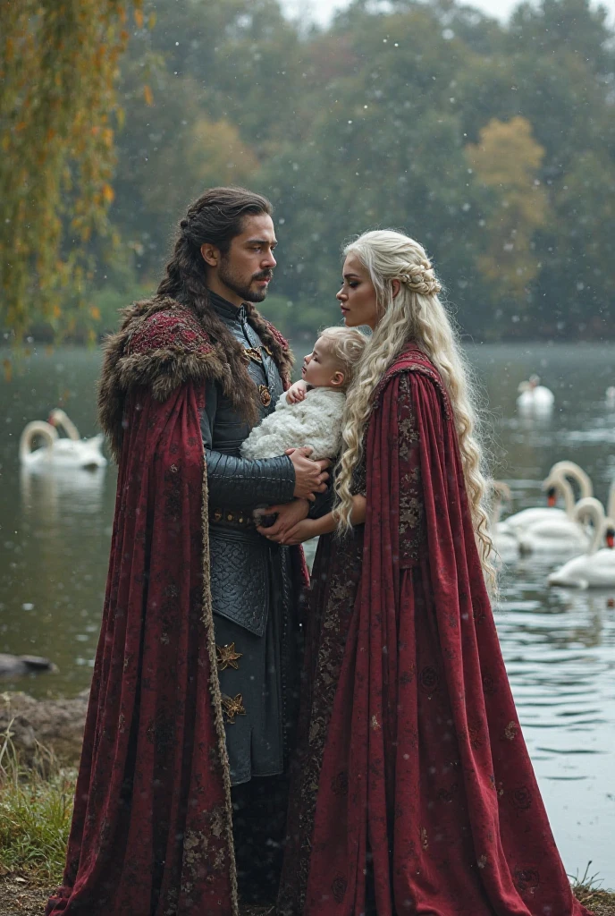 Jon snow holding a beautiful Targaryen baby girl with long Platinum blonde hair, they're both laughing.