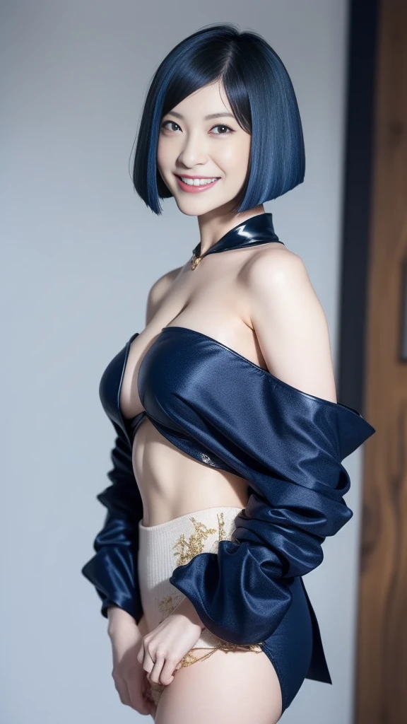 Gorgeous Girl, Beautiful, Baby Face, 20 Years Old, White Skin, Movie Lighting, Futuristic, ((Cleavage)), ((Blue) short Dress), Gold Eye, Muscles, Bokeh, Masterpiece, Medium Bob, Blue Hair, standing in front of solid white background