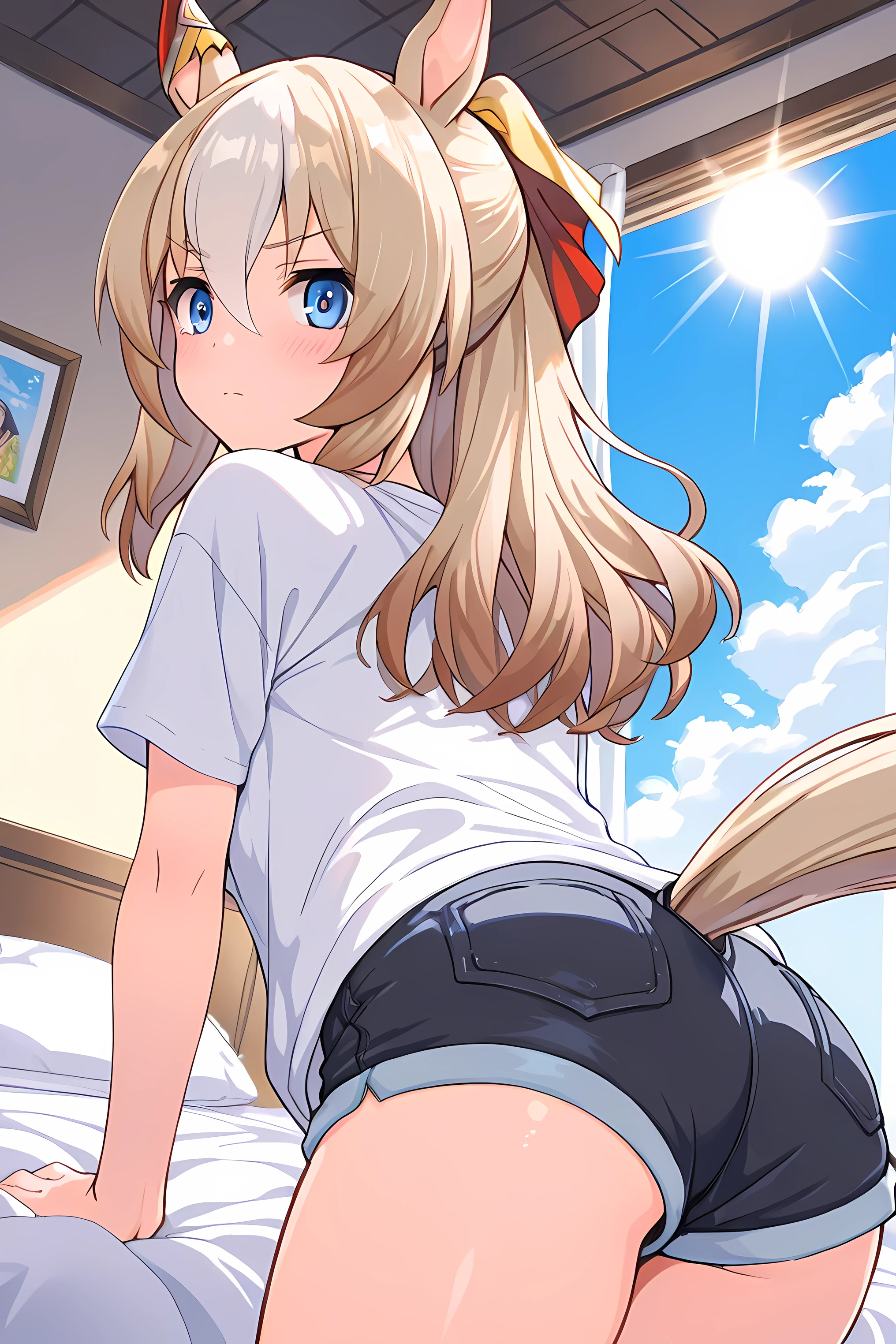 (masterpeace, high quality), grass wonder \(umamusume\), 1girl, school locker room, (Low-rise panties), white t-shirt, bottom, from behind, lean forward, bend over, (take off panties), (lower cleavege). low angle, soft light, bright