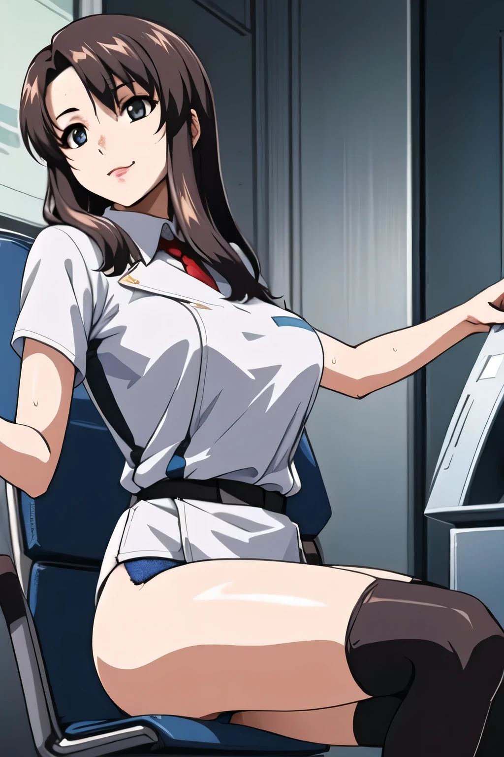 A beautiful woman with long black hair, big breasts, beautiful legs, and a white dress-style miniskirt wears light blue and blue striped panties.々He stands with his legs spread apart and glares at a middle-aged office worker.。
