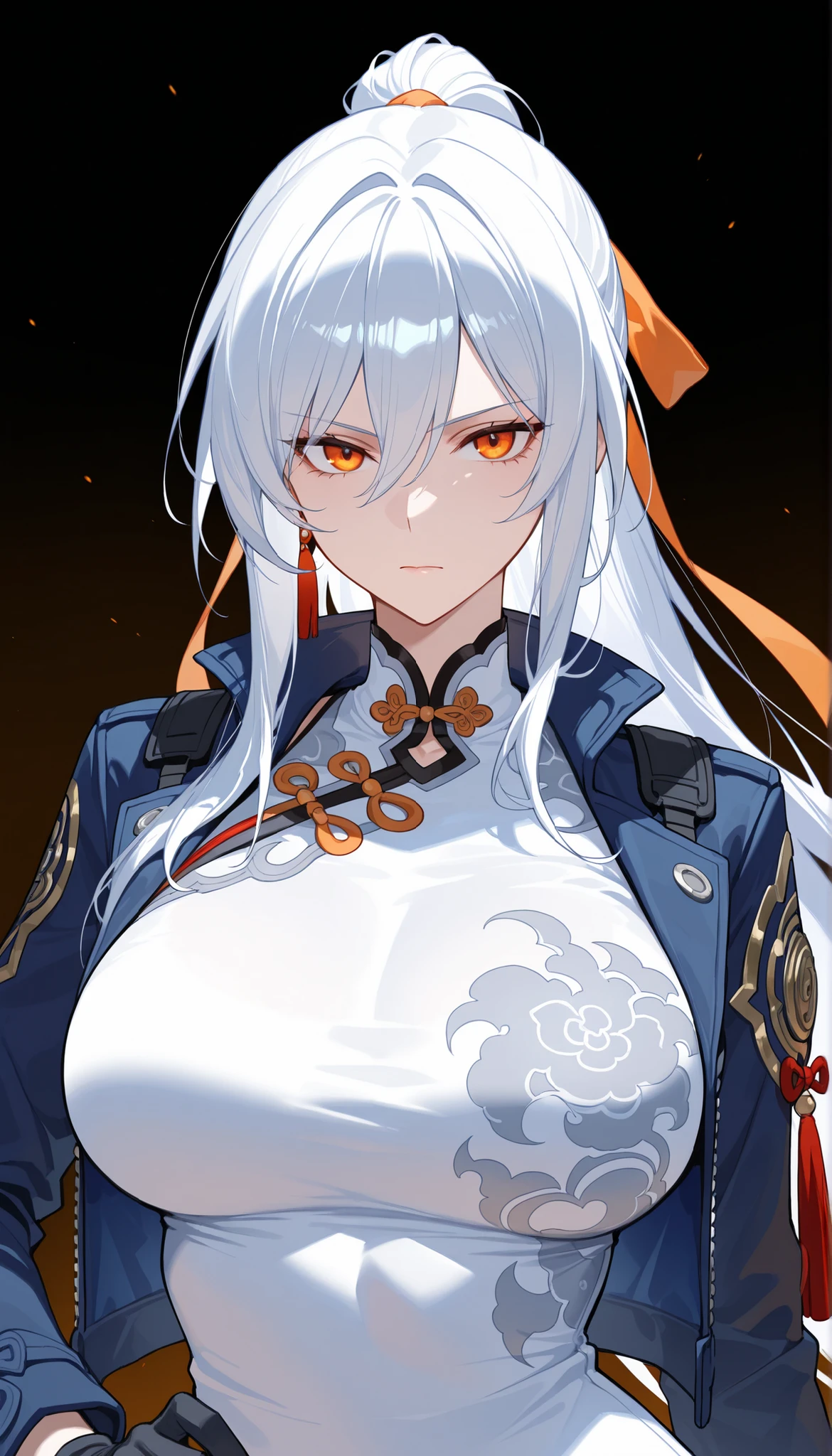 best quality, masterpiece, absurdres, 1girl, white_hair, large_breasts, mature_female, tall, long_hair, dark_blue_jacket, open_jacket, white_shirt, hair_between_eyes, white_chinese_clothes, gloves, (orange_eyes:1.1), looking_at_viewer, portrait, upper_body, serious_expression, dark_background, orange gradient, tassels, tactical_clothes, contrapposto, hair_ribbon, orange_ribbon, cropped_shoulders,