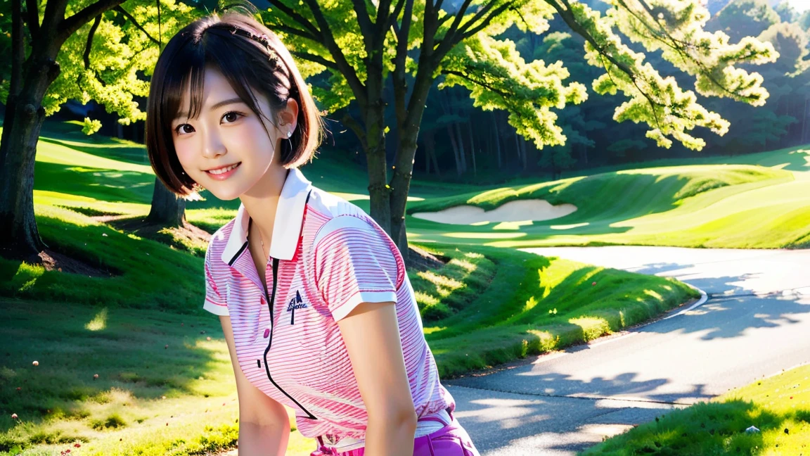 masutepiece, Best Quality, High resolution, Calm 1, 1 girl, Calm 1, 1 girl, Serene (A pokémon), Solo, Gray eyes, Black hair, Green shorts, Red tiara, Shirt, Tied shirt,, Short hair, Short sleeves, Shorts, Stripes, Yellow shirt, Belt bag, Shooting of the middle class, tussock, field, Smile, Standing,