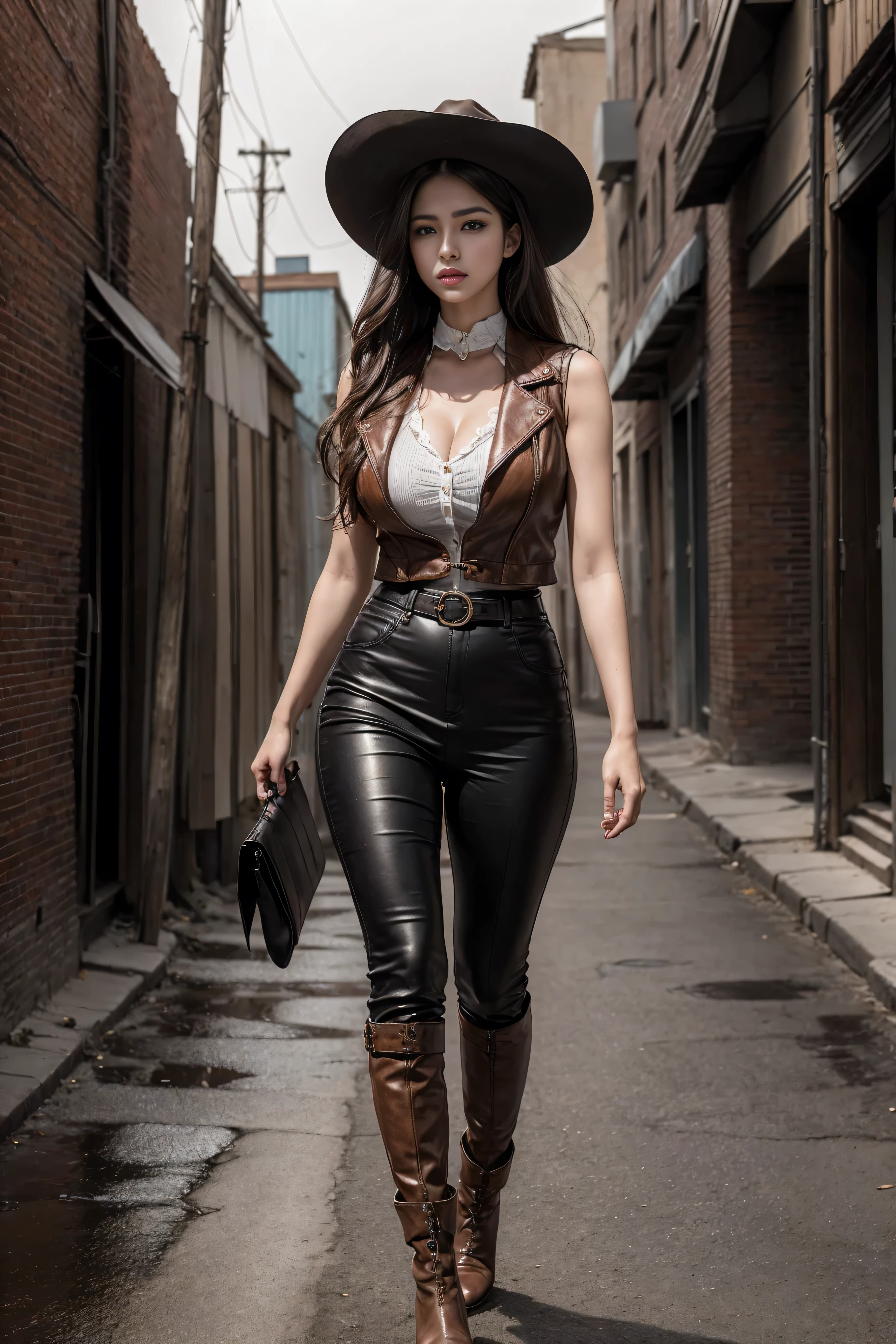 Full body cowboy woman circa 1880s, Brown long straight hair, Brown eyes, High arched eyebrows, Slender and graceful neck, Red lips, Large Breasts, Brown Leather Tights, Sleeveless Brown Leather Vest, Leather Boots, Walking on the dusty sandy streets of a deserted North American town,The wind blew through her hair, Practical, photoPractical, photoPractical, fear, Dark gloomy atmosphere and dramatic lighting, dark red, Foggy environment, Detailed facial expressions, Terrible fog