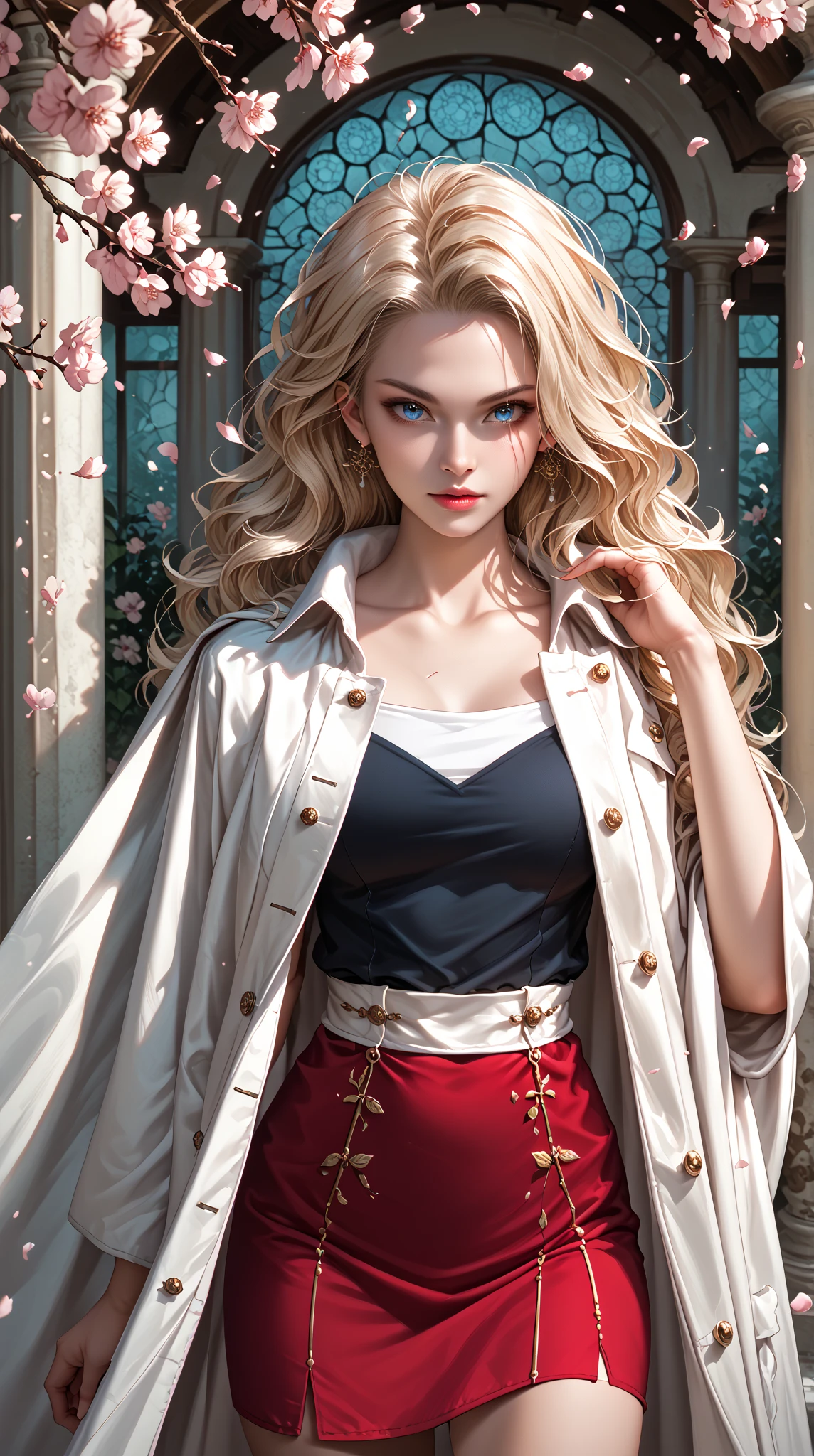  4K anime style quality ,Chaos The female character of the title,Semi-realistic Illustration,Long wavy blonde hair,Violent blue eyes,Elegant white skin,hourglass figure adorned with scars,Perfect big ，wearing a flag robe between a light pink and white room,is adorned with exquisite silver details,Skirt flowing,Long coat Cloak on shoulders,dark knee socks and light boots, Volumizing Voluminous natural ,standing in a dramatic garden with cherry blossoms at dusk,Pose spreading power,Posture Dynamic,Film lighting is strong