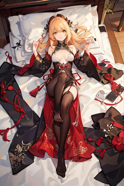 One beautiful blonde girl、red eyes、chinese clothes、a miniskirt、Surrounded by flowers、A sexy