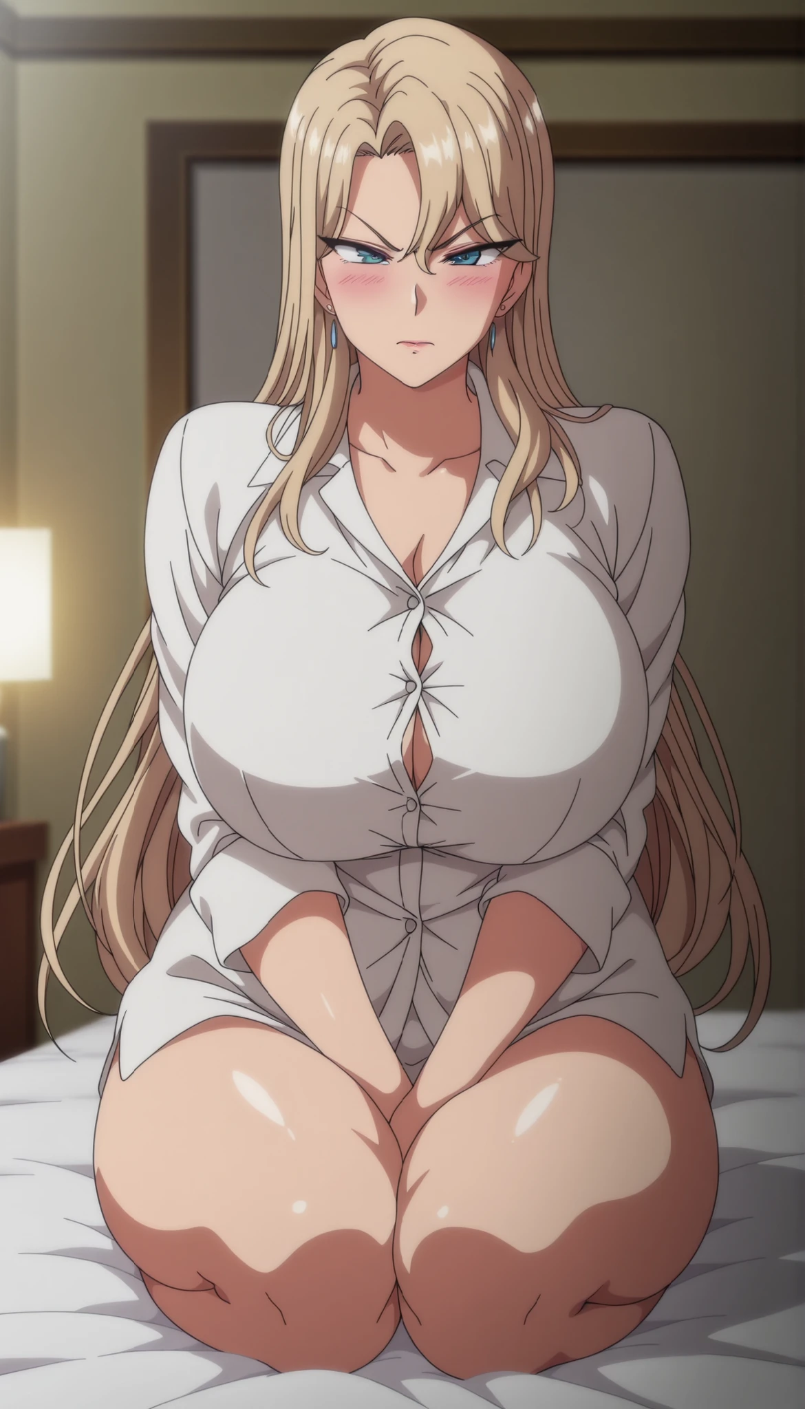 mature woman, anime coloring, thick body, mature female, masterpiece, upper bOdy, button gap, , huge breast, long hair, yellow hair, blue eyes, blush, full body, indoors, white shirt, serious face, sitting on bed, black panty, bare legs,