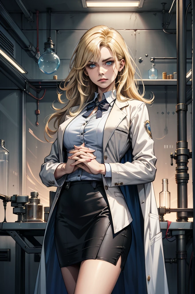 (extremely detailed CG unity 4k wallpaper),(best illustration),(best shadow),(absurdres),woman, Long straight blonde hair, Blue eyes, Labcoat, white blouse, black pencil skirt, Stern Emotionless expression, toned, Laboratory, hands clasped demurely, standing pose, 