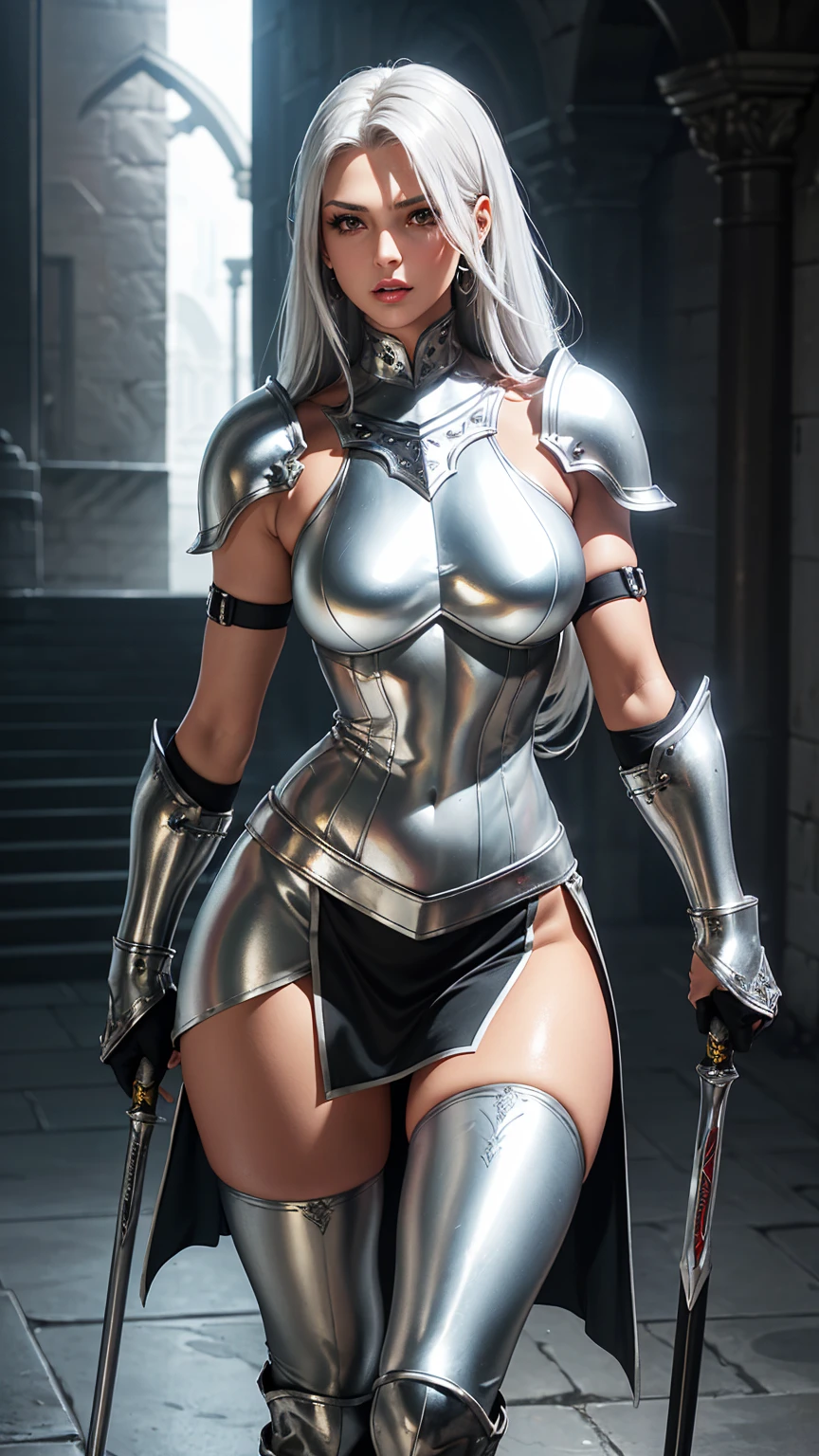 young girl type cyborg, ((full body)), ((nude)), blond hair, blue eyes, beautiful chest, ((her head, hands and legs are heavily armored)), standing with her legs spread apart, from below