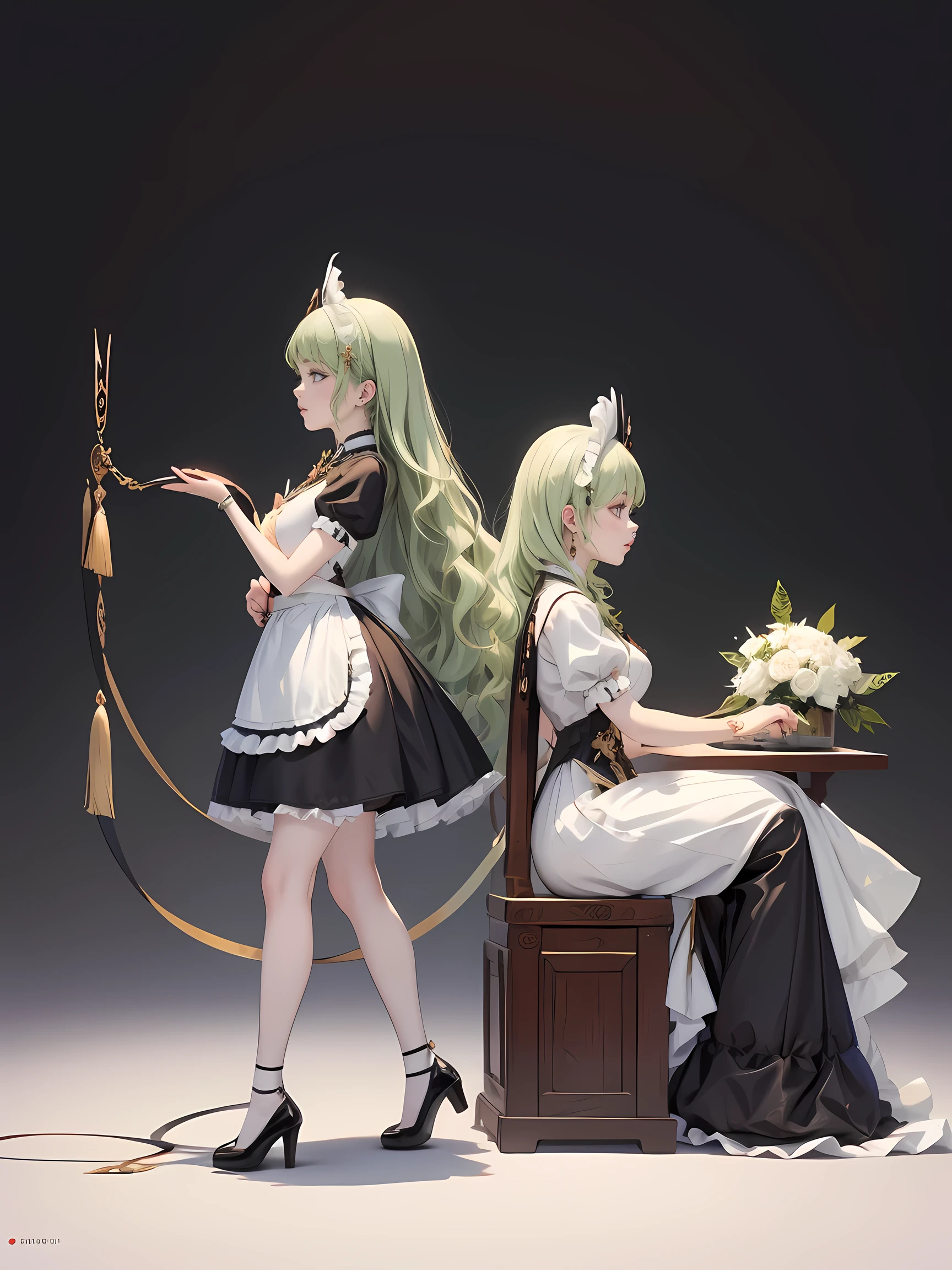 1 menina, green hair, harness, black cut out, saia preta,  design, Sozinho, stomach, White roses, symmetric gloves, puffy socks, meias altas, harness, borla, chinese maid dress, decote em v, Garters on the legs, getting up, white apron, maid dress, , Chinese aesthetics, Thighless, harness, White roses on her hair, solid background,  uniform, full body, side view, too many babados in her dress, Magical Girl Skirt, perfect ???????, gold jewelry, harness, ?????? curtains, pose fofa, puffy sleeves, borla, glowing eyes, long hair with long waves and White roses, coxa alta, babados, harness, side view,  uniform, chinese maid dress, white apron, Garters on the legs, gold jewelry,  back view , solid background, getting up, side view, rubor,  maid cap , chinese maid dress with too many babados, Chinese aesthetics, Puffy skirt, harness, Central girls , full body, Shiny hair, Magical Girl Skirt, more details on your clothes, gold details on your dress, harness, borla