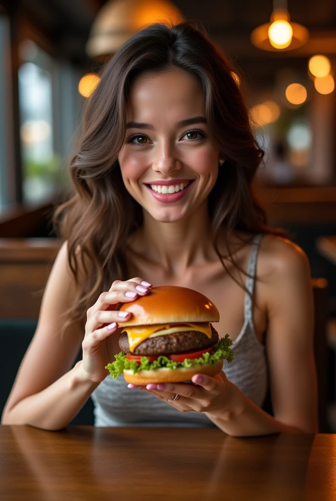 A skinny sexy brunette woman making hamburgers for a commercial logo