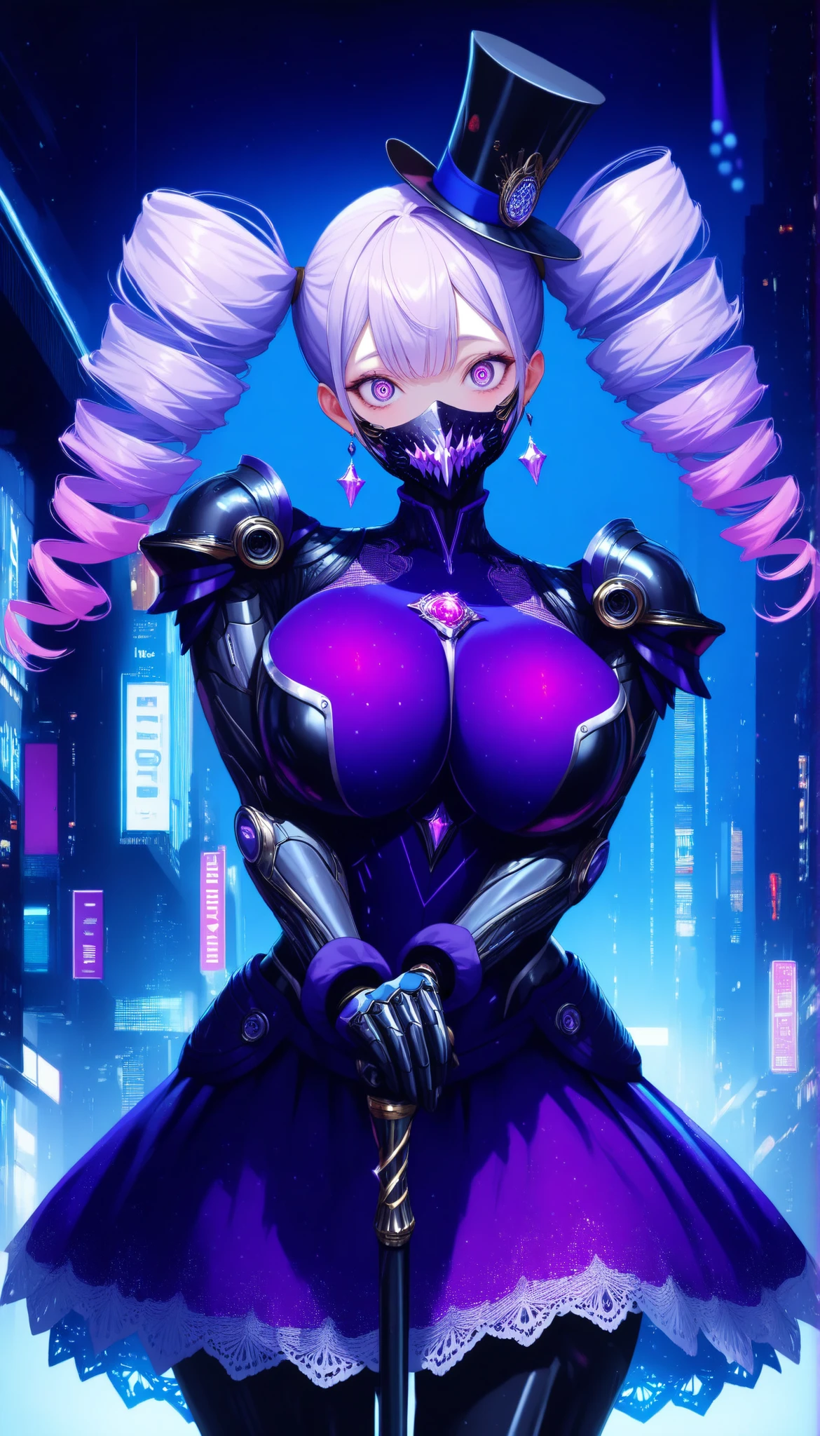 SOLO,Cyberpunk city background, A female robot with perfect body,oppai,Wearing Purple biological armor,Shoulder Armor,(Purple Princess dress lace hem), (Purple and pink gradient hair, twin drills),Purple Mini top hat, Crazy eyes, Crystal earrings, (Purple openwork mouth mask) social media composition,(Holding A Purple Short Cane with Amethyst),UHD, anatomically correct, masterpiece, textured skin, high details, highres, 1080P, 16k, accurate, Beautiful face, Perfect face, Highly detailed beautiful face and eyes, Attractive face, Detailed face, Delicate facial features, Detailed skin,Cowboy shot,Look at the viewer,(((hbig bosom)))