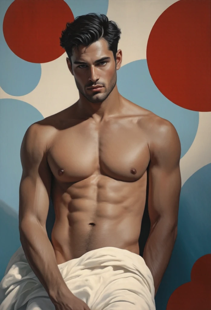 chiaroscuro technique on sensual illustration of an arafed man resting in white blanket, sexy masculine, model with attractive body, inspired by Ludovit Fulla, mid-shot of a hunky, the model draped in flowing, thick oil painting by Harumi Hironaka, extremely soft colors, vibrant, highly detailed, malcolm liepke painting, oil on canvas, high contrast, dramatic, refined, tonal, Create high contrast between light and shadow by Leon Polk Smith, memphis abstract minimal art, graphic shapes, minimal art, blue and red, minimal art style, bauhaus art, inspired by El Lissitzky, bold simple shapes, shadow