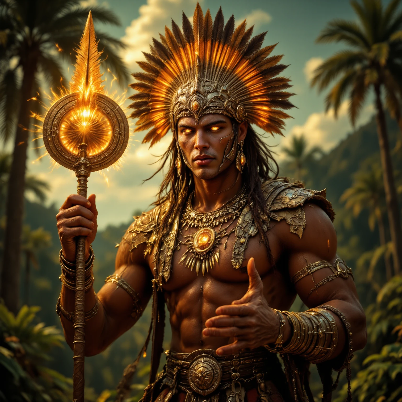 Full body God Chaac standing facing forward with large headdress and rays