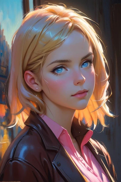 a high school popular mean girl dressed in pink, blonde hair, blue eyes, detailed facial features, confident expression, posture of authority, 5 reasonable details, high quality, 4k, ultra-detailed, photorealistic, cinematic lighting, detailed environment, colorful aesthetic, dreamy pastel colors, professional oil painting (Maga, realistic), (oil painting in sfumato technique)