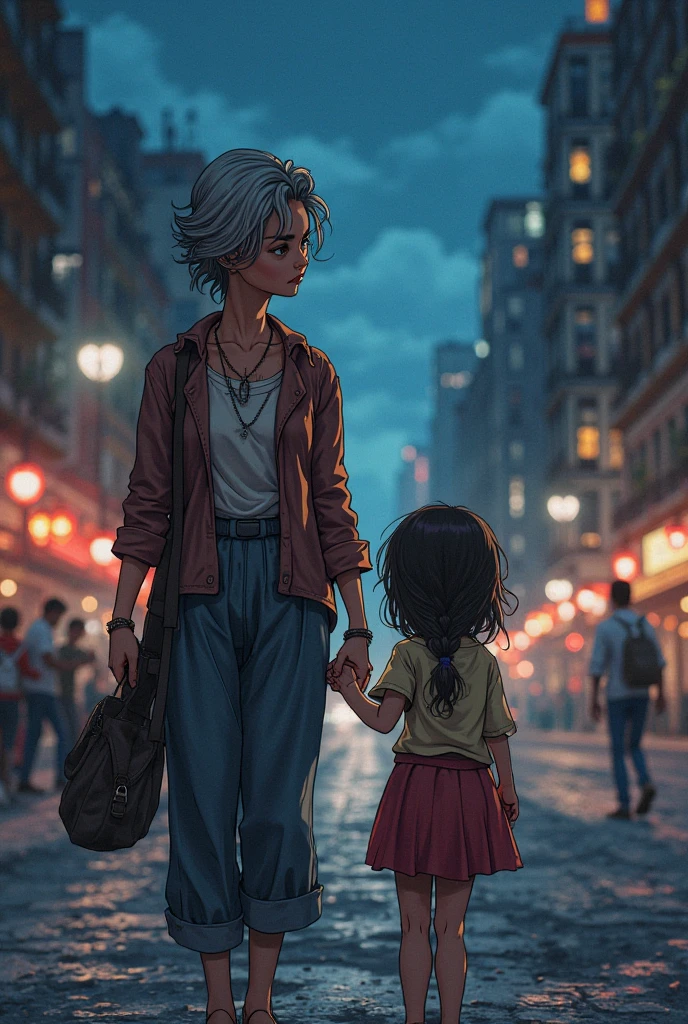 It generates a mature woman walking through the streets of Mexico City during the night, the woman holding hands with a small girl with black hair in a dark environment with lights, anime style
