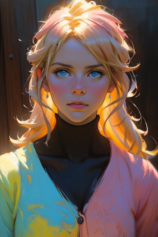 a high school popular mean girl dressed in pink, blonde hair, blue eyes, detailed  features, confident expression, posture of authority, 5 reasonable details, high quality, 4k, ultra-detailed, photorealistic, cinematic lighting, detailed environment, colorful aesthetic, dreamy pastel colors, professional oil painting (Maga, realistic), (oil painting in sfumato technique)