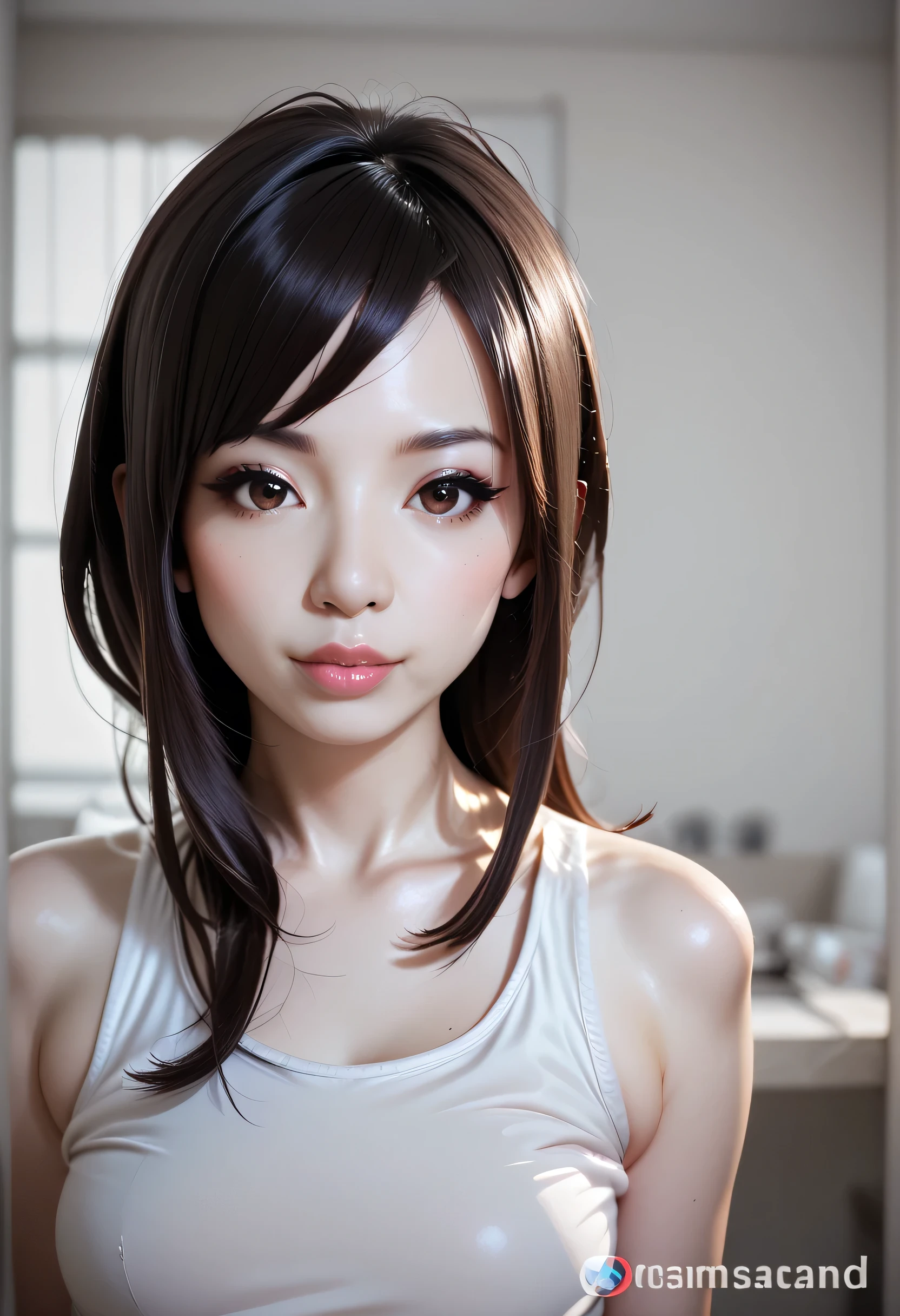 blurry, depth of field, photo \(medium\), blurry foreground, blurry background, 1girl, solo, realistic, motion blur, reference inset, photorealistic, asian, lips, 3d, black hair, photo inset, cosplay photo, nose, tank top, poster \(object\), looking at viewer, figure, long hair