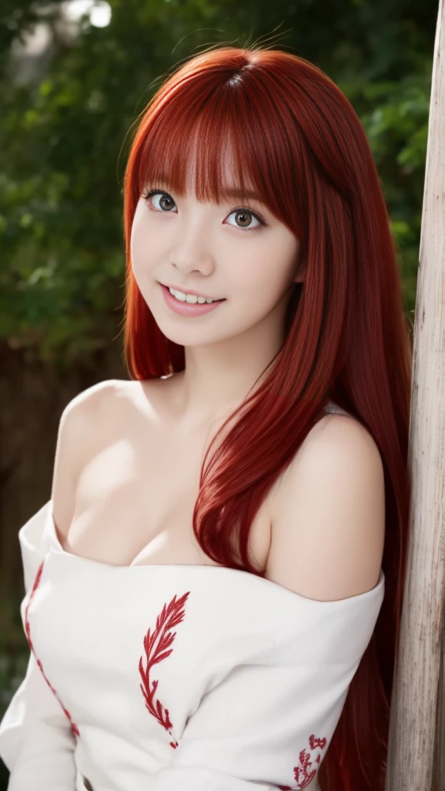 (highest quality, 32k, High resolution, masterpiece:1.5, ), A haunting fantasy photograph in abstract style, In a swirl of fantastic pastel colors and soft light, Evoking a soothing tranquility and elusive beauty, Expressing emotions, Have a rich imagination, Cute Japanese Girls, An exceptionally beautiful face, whole body, Perfect Human Anatomy, Magical big eyes, A kind smile, motherhood and tolerance, ((Shiny Red Hair)), Beautifully styled thin and delicate medium length hair, Beautiful asymmetrical bangs, Hair between the eyes, Transparent and soft white skin, Neat, thin eyebrows, double eyelid, Pale pink lips, ((Red see-through transparent camisole,)), High resolution perfect clavicle, Beautiful chest in high resolution, Slender body with ample breasts, High resolutionの美しい太もも, Soft sunlight, Professional Lighting, Professional Photographer, Professional Model,mysterious