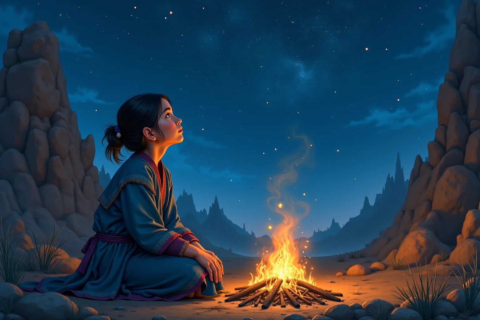 Nine year old ancient mongolian girl dressed in blue mongolian attire sitting on a rock in front of a campfire, stars and Bethlehem star above