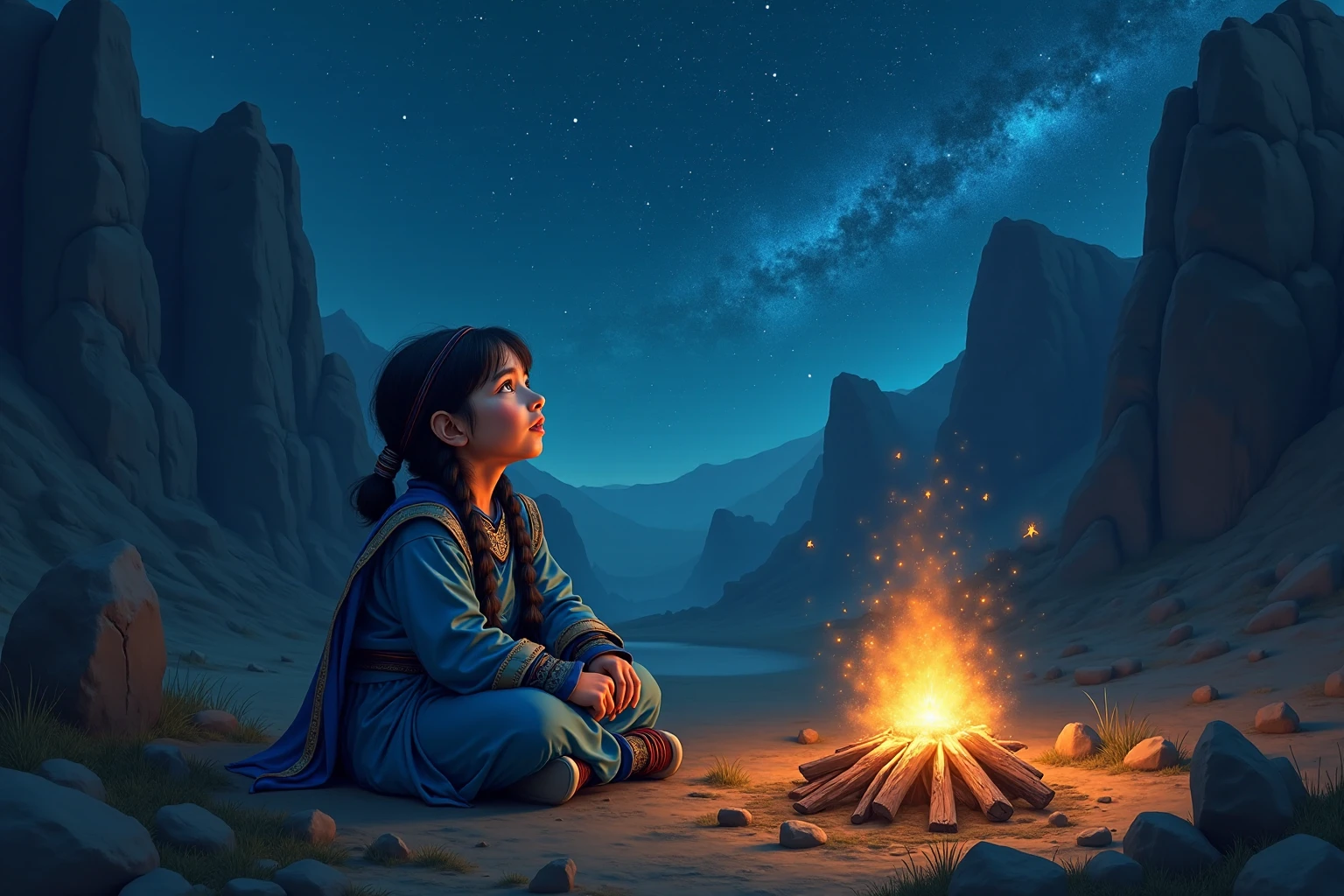Nine year old ancient mongolian girl dressed in blue mongolian attire sitting on a rock in front of a campfire, stars and Bethlehem star above