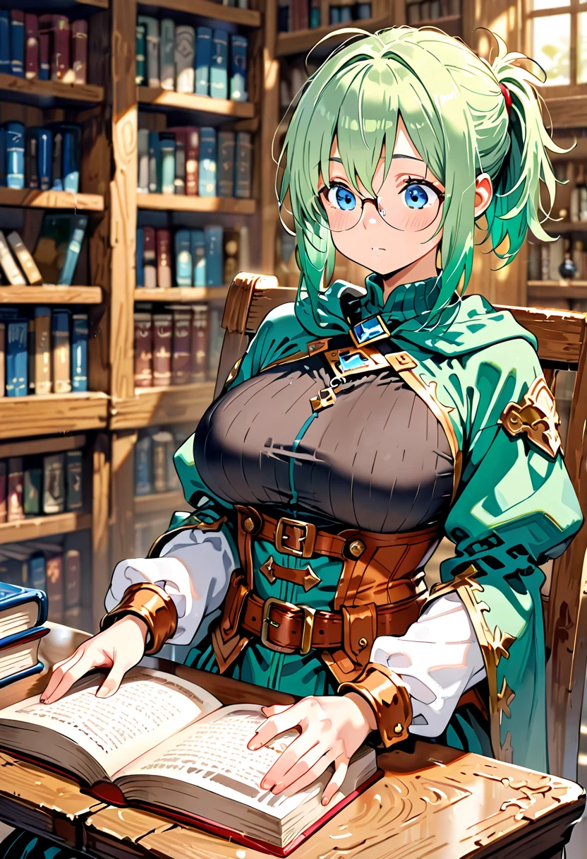 flat chests, nsfw, masterpiece, 1 girl, erect nipples, intricately detailed, topless, navel, bare shoulders, necklace, mint green hair, embarrassed, head scarf, round glasses, extremely detailed, photorealistic, octane render, 8 k, unreal engine, bare breasts, puffy nipples, green eyes, carrying book, yawning, fantasy, enchanted, book, herbs, magical, mage, bare stomach, sweaty, child, arm strap, full body, sitting, alchemist, open mouth, scared, green house, potions, plants, vegetables, potion bottle, casks, pink smoke, liquid potion, waist pouch, silk skirt, woven skirt, long skirt