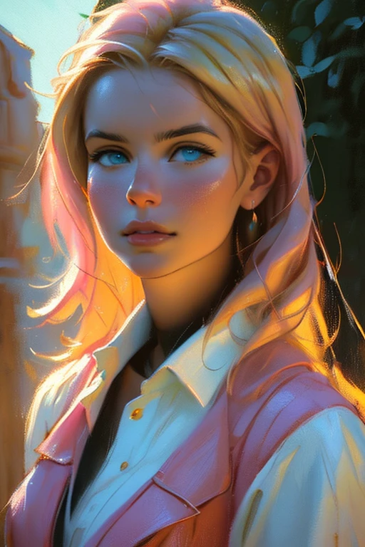 a high school popular mean girl dressed in pink, blonde hair, blue eyes, detailed facial features, confident expression, posture of authority, 5 reasonable details, high quality, 4k, ultra-detailed, photorealistic, cinematic lighting, detailed environment, colorful aesthetic, dreamy pastel colors, professional oil painting (Maga, realistic), (oil painting in sfumato technique)