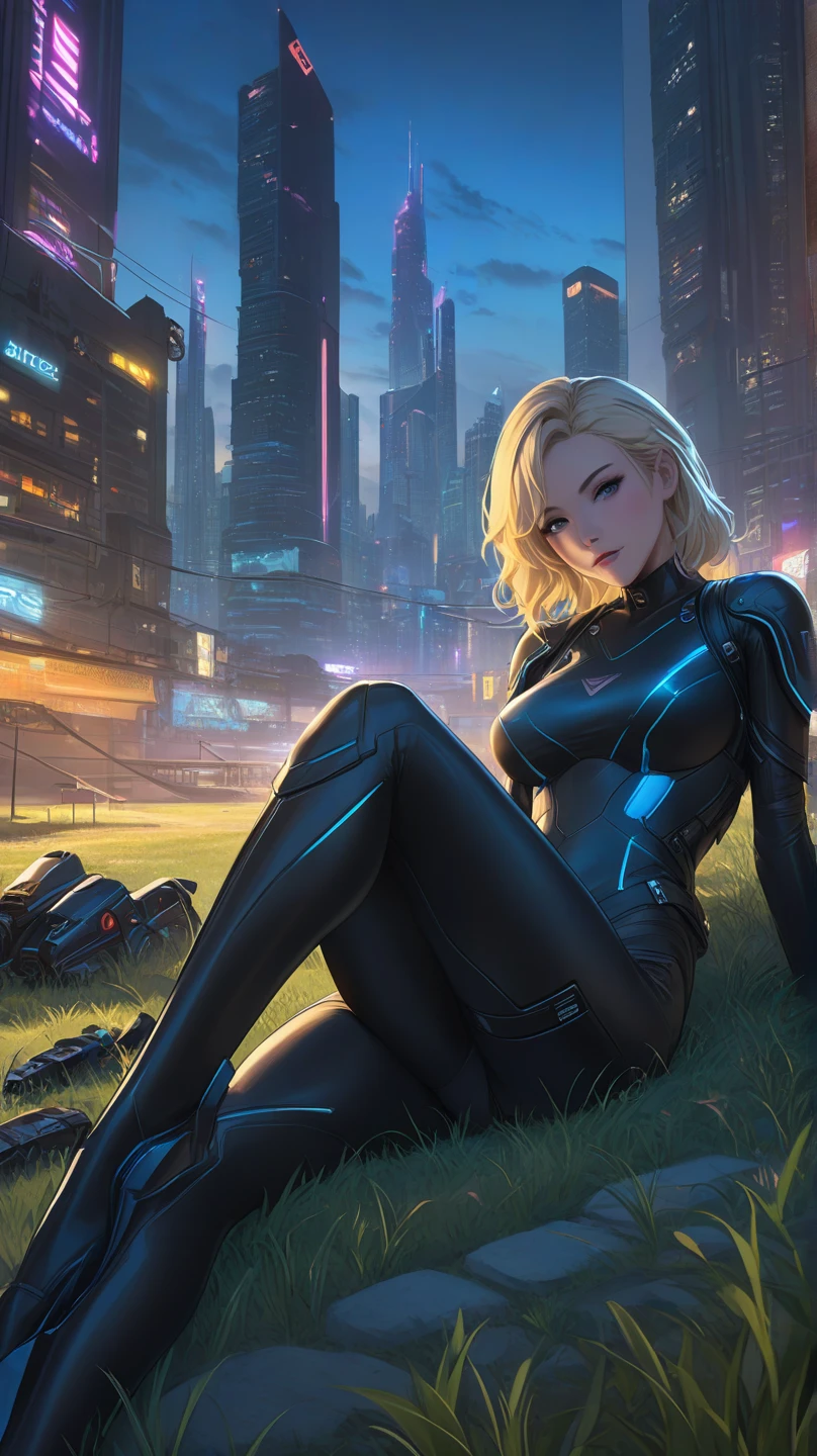 anime woman laying on a blanket in a city park, resting after a hard mission, by Yang J, relaxing concept art, in front of a sci fi cityscape, resting after a hard fight, riot games concept art, cyberpunk jackie welles, in the cyberpunk countryside, dreamy cyberpunk woman, black canary, in cyberpunk city, city in the background, The woman is reclined on a grassy field, dressed in a sleek black and blue bodysuit with armored detailing. She has short, slightly wavy blonde hair cascading past her shoulders. Her pose is relaxed, lying on one side supported by her elbow, with legs outstretched comfortably. The background features an urban cityscape with illuminated skyscrapers against a night sky, creating a futuristic atmosphere. The scene is lit with soft ambient lighting, enhancing the modern, serene atmosphere with a cool color palette.