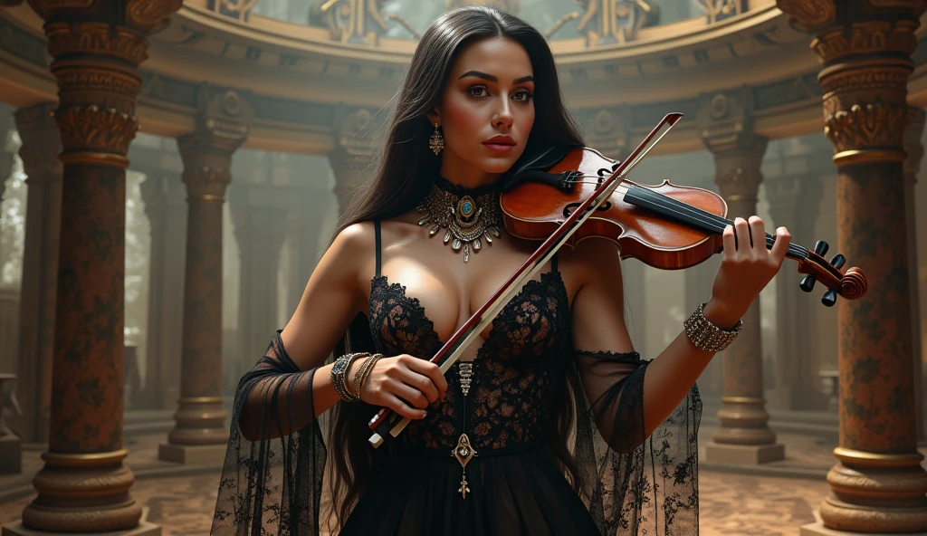Create a masterful and portentous hyperrealistic book cover of a beautiful woman ,, in a fitted gothic dress with garters, with lots of jewelry,  With long black hair he is playing a violin ,  brown eyes and pale red lips , with sensual face, big breasts, l in a background a classic epic background that women are more to the right of the image